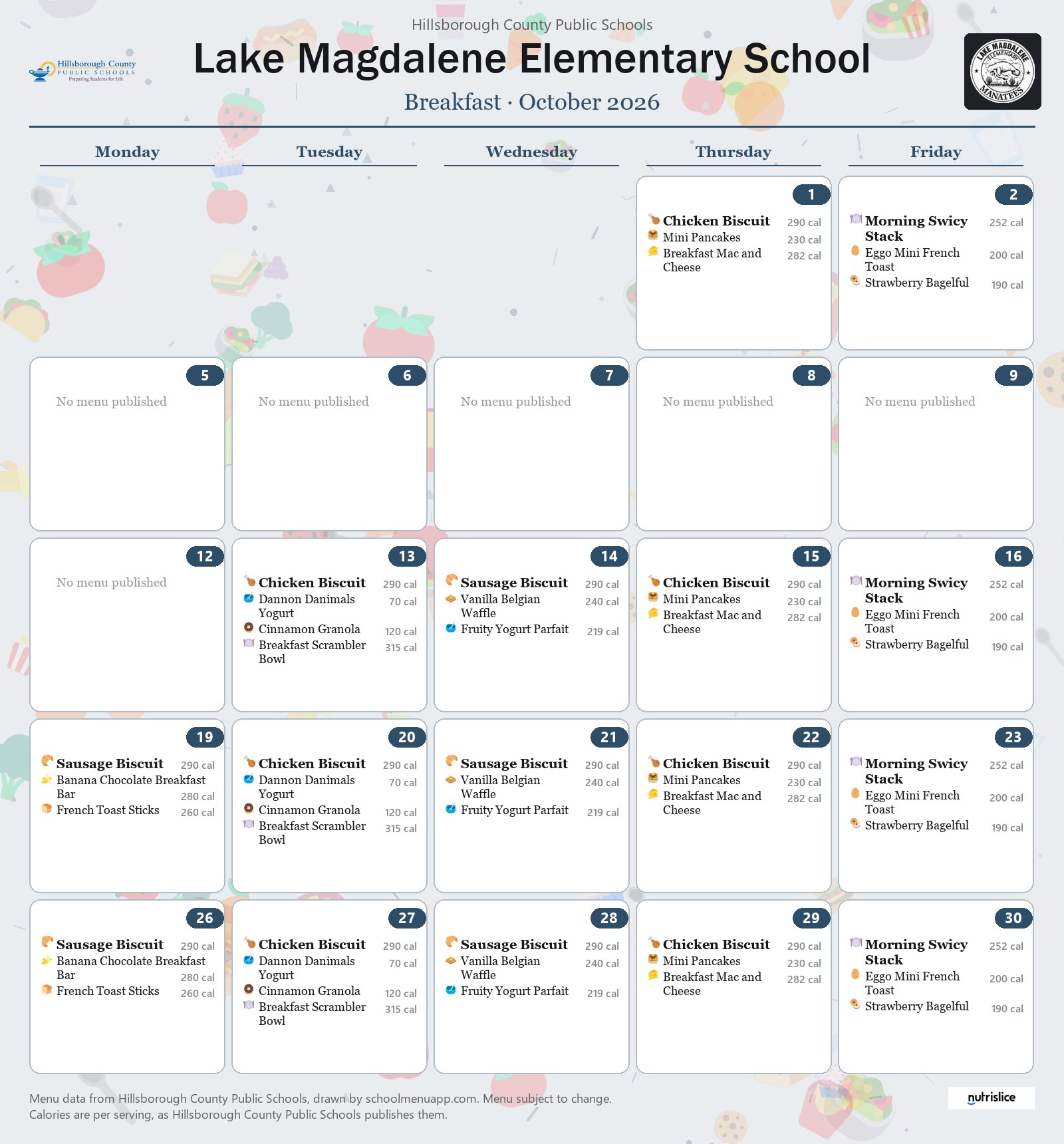 Lake Magdalene Elementary School breakfast menu for October 2026 &mdash; Hillsborough County Public Schools
