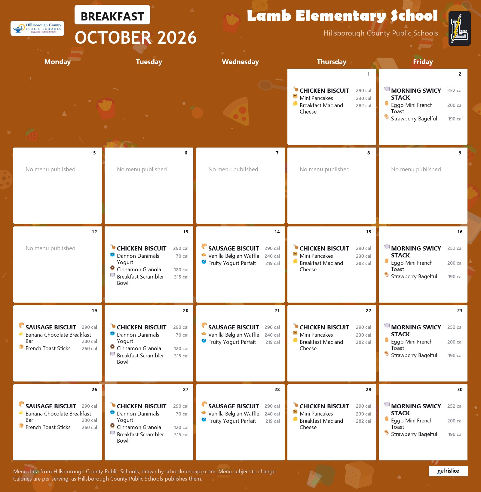 Lamb Elementary School breakfast menu for October 2026 &mdash; Hillsborough County Public Schools