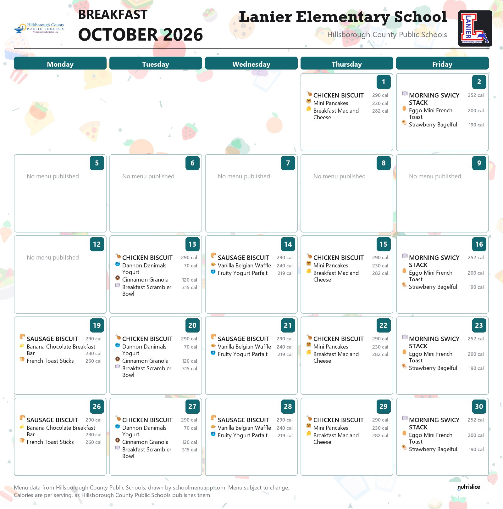 Lanier Elementary School breakfast menu for October 2026 &mdash; Hillsborough County Public Schools