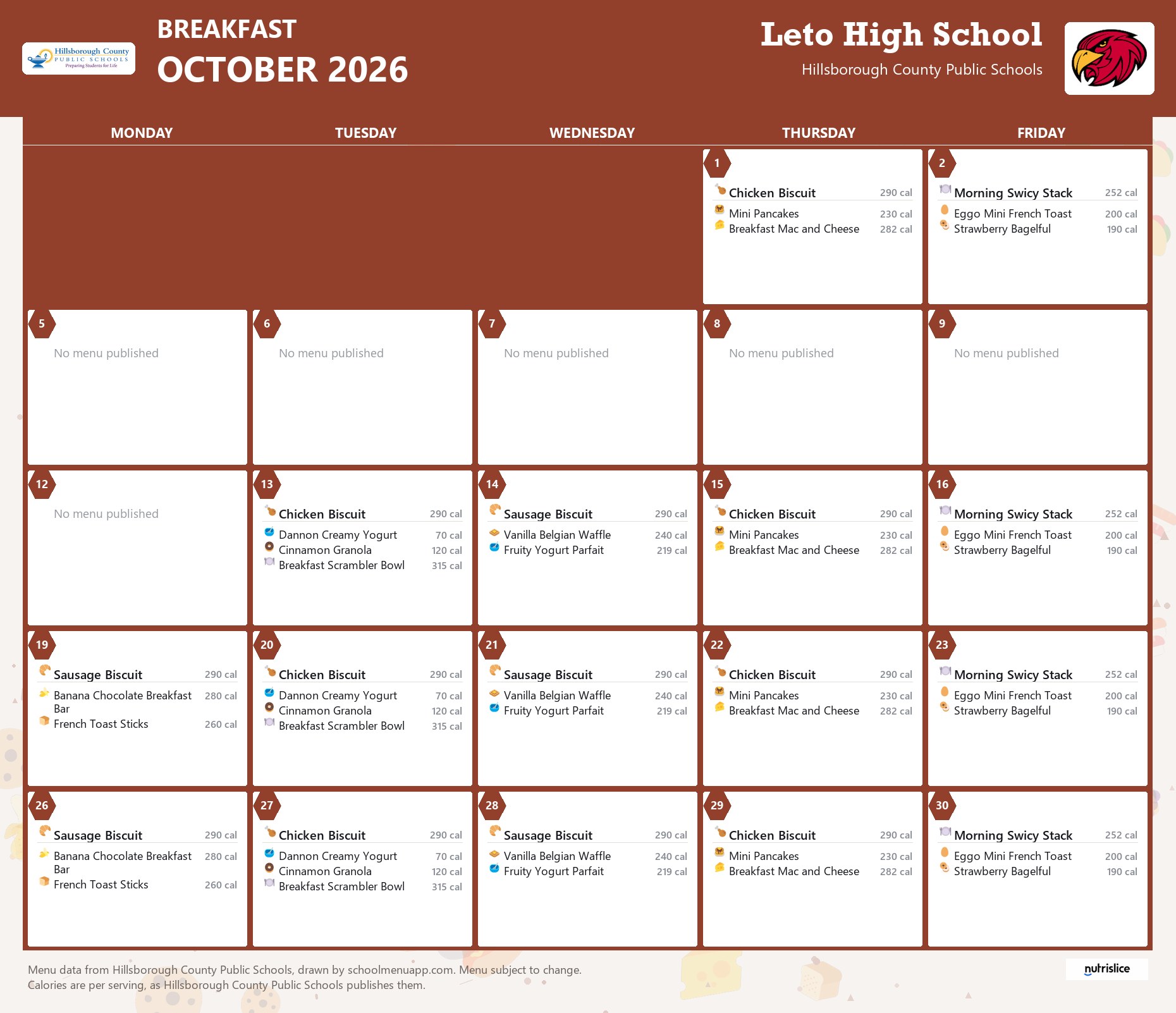 Leto High School breakfast menu for October 2026 &mdash; Hillsborough County Public Schools