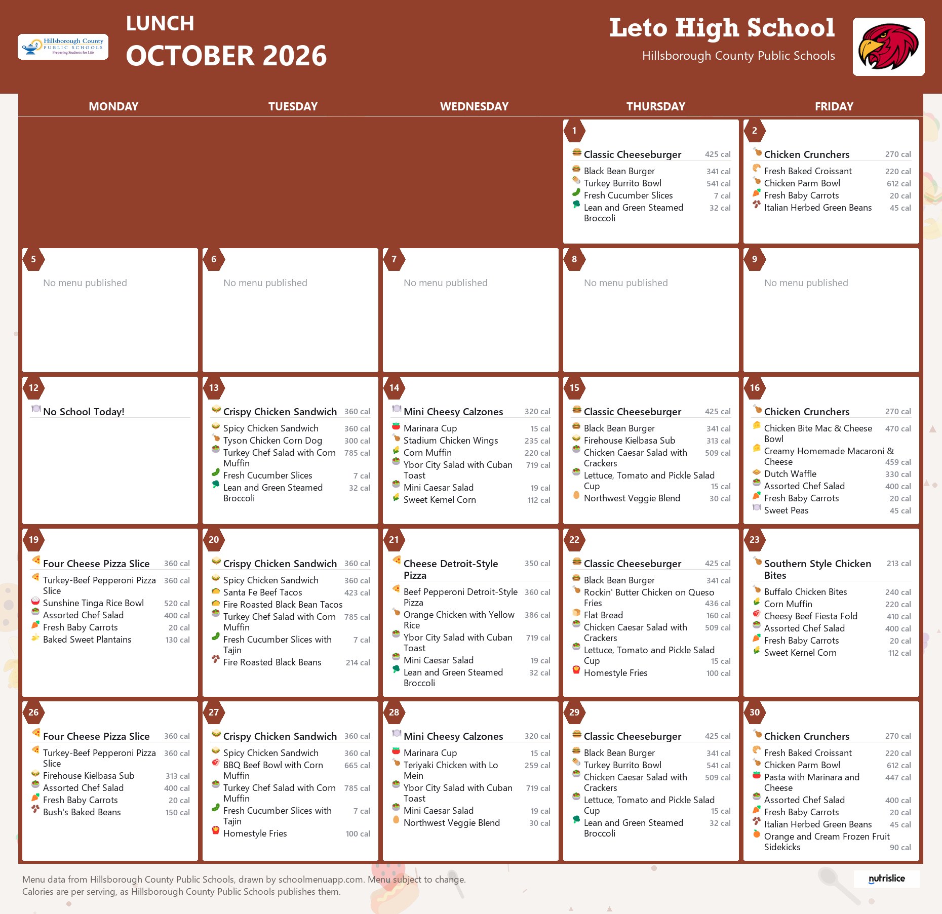 Leto High School lunch menu for October 2026 &mdash; Hillsborough County Public Schools