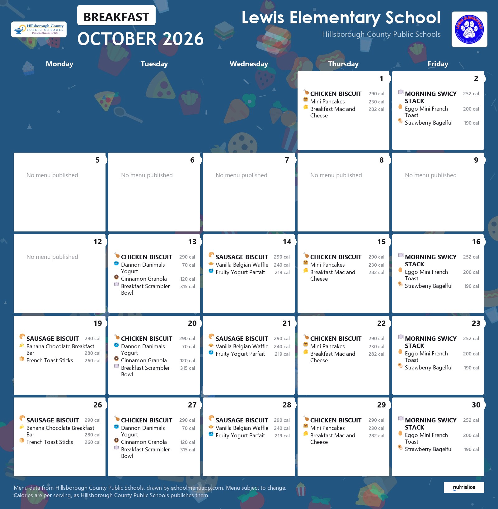 Lewis Elementary School breakfast menu for October 2026 &mdash; Hillsborough County Public Schools