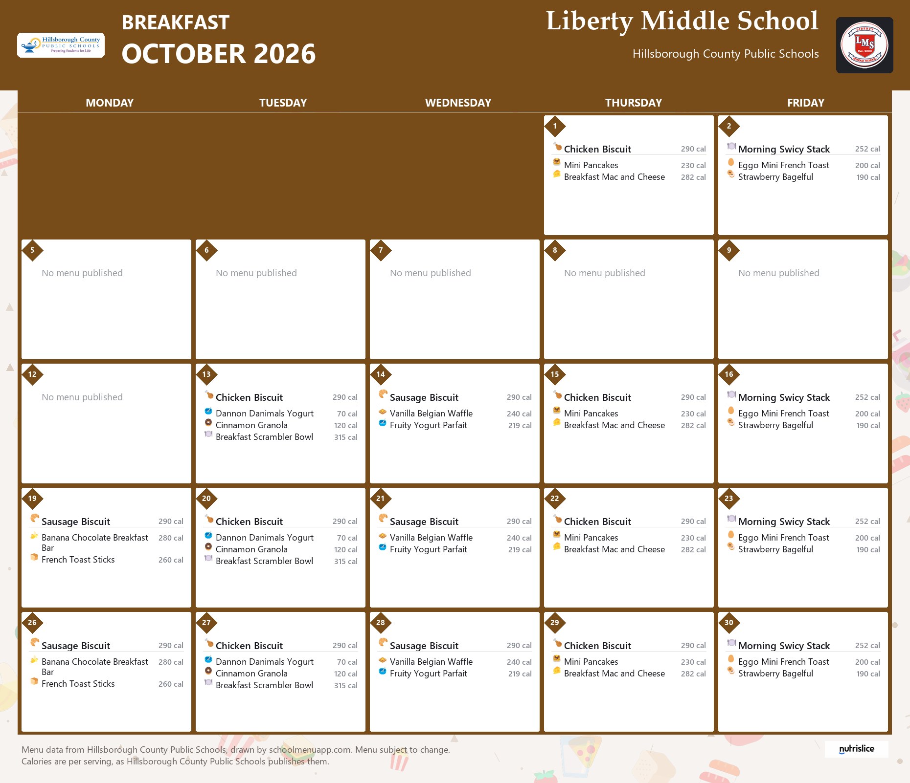 Liberty Middle School breakfast menu for October 2026 &mdash; Hillsborough County Public Schools