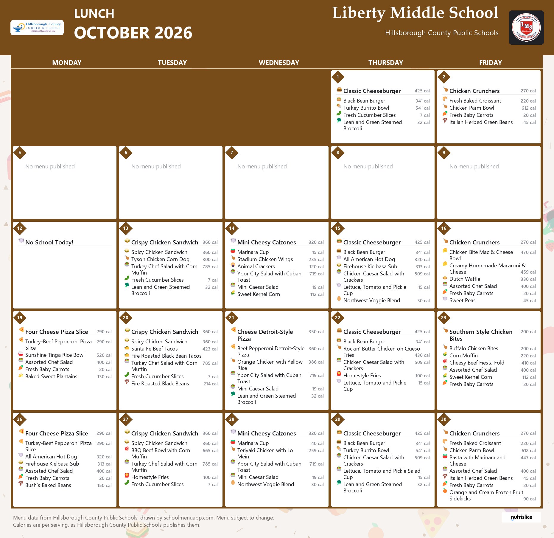 Liberty Middle School lunch menu for October 2026 &mdash; Hillsborough County Public Schools