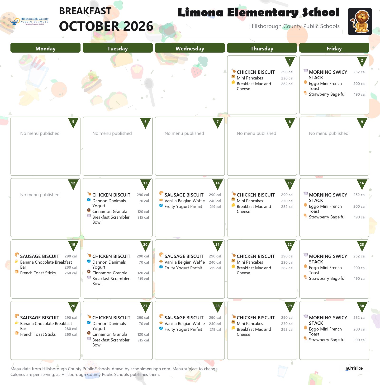 Limona Elementary School breakfast menu for October 2026 &mdash; Hillsborough County Public Schools