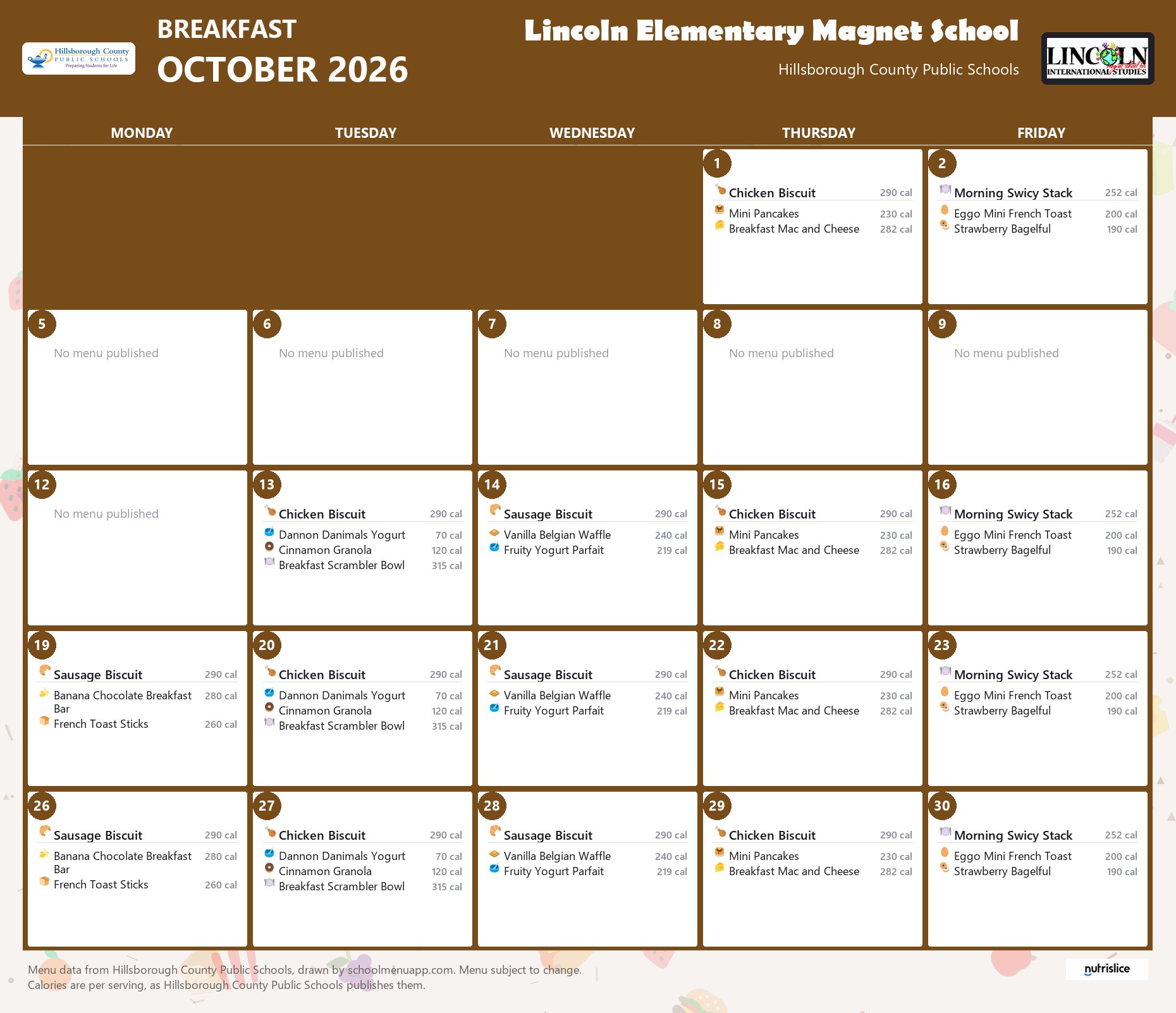 Lincoln Elementary Magnet School breakfast menu for October 2026 &mdash; Hillsborough County Public Schools