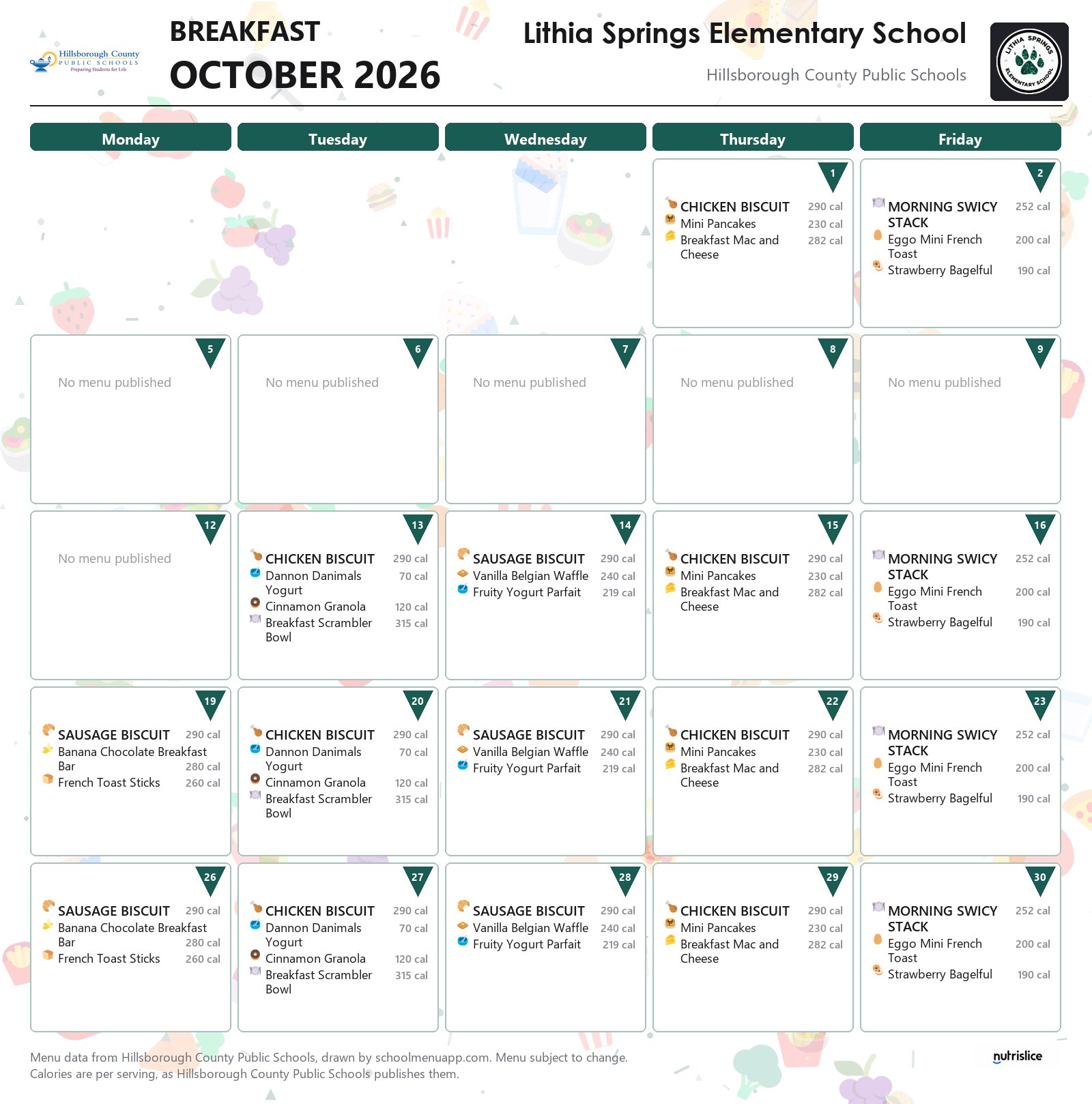 Lithia Springs Elementary School breakfast menu for October 2026 &mdash; Hillsborough County Public Schools