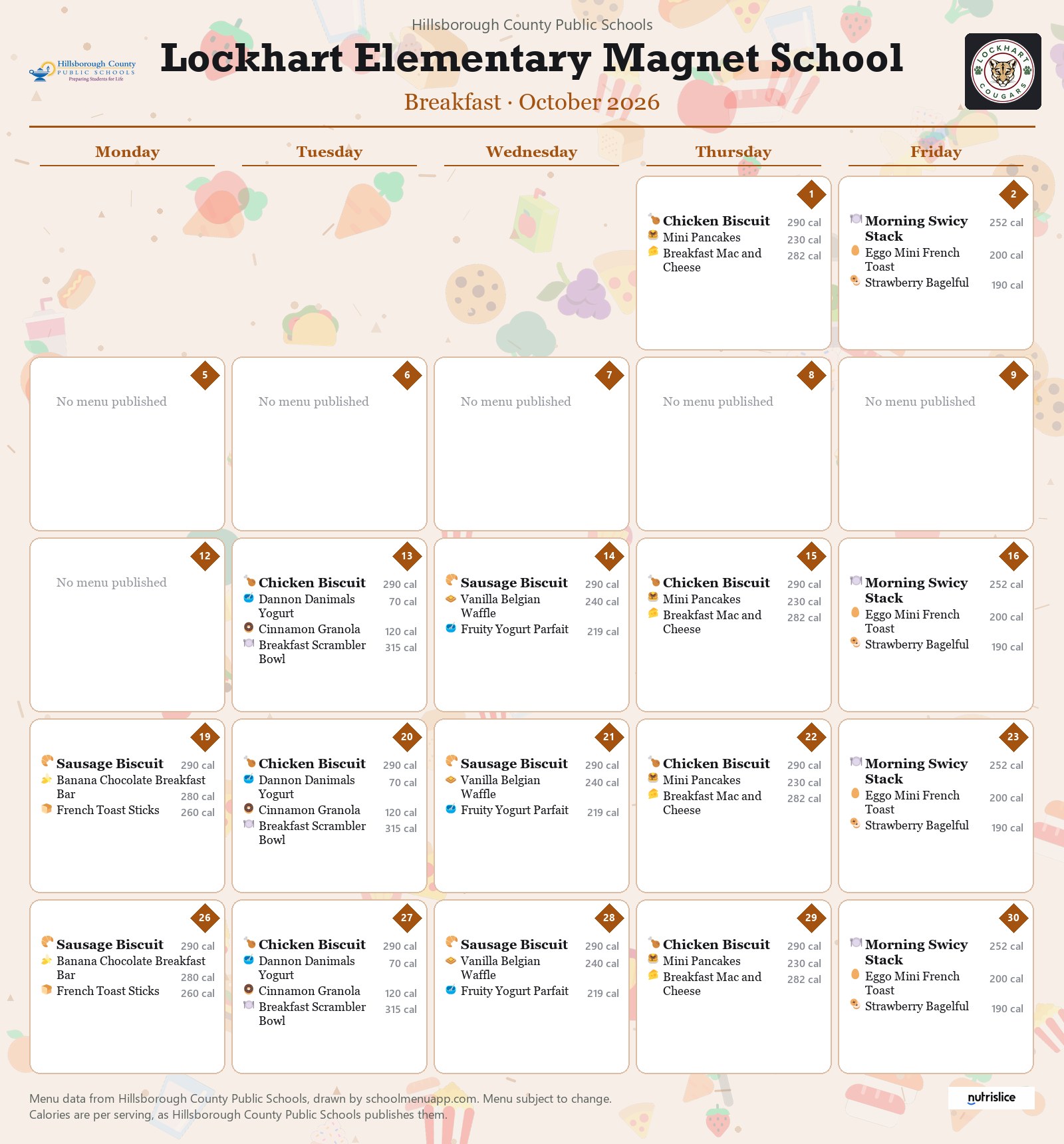 Lockhart Elementary Magnet School breakfast menu for October 2026 &mdash; Hillsborough County Public Schools