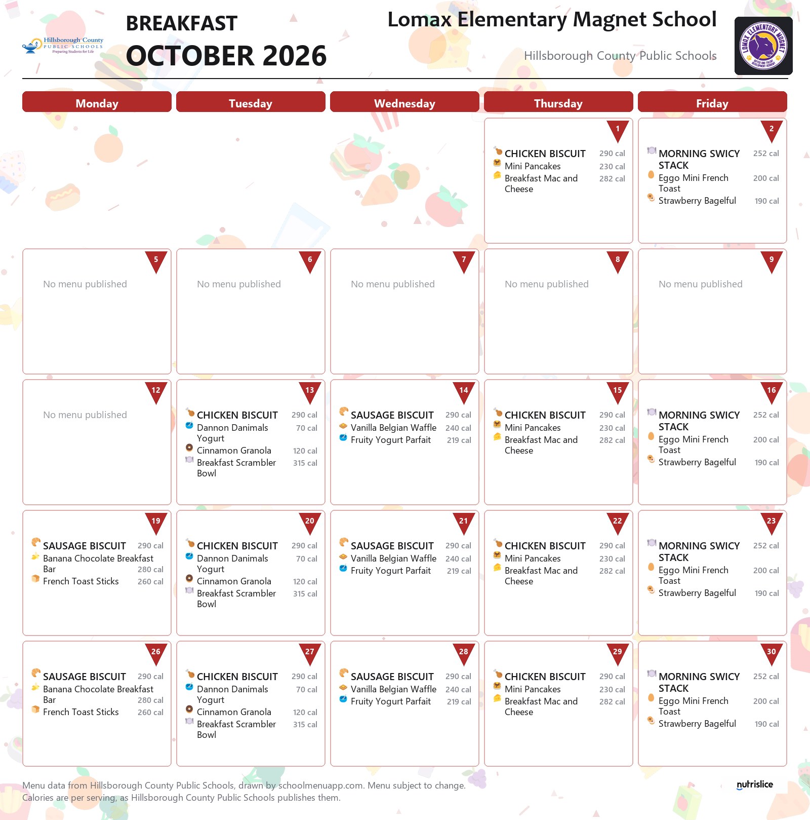 Lomax Elementary Magnet School breakfast menu for October 2026 &mdash; Hillsborough County Public Schools