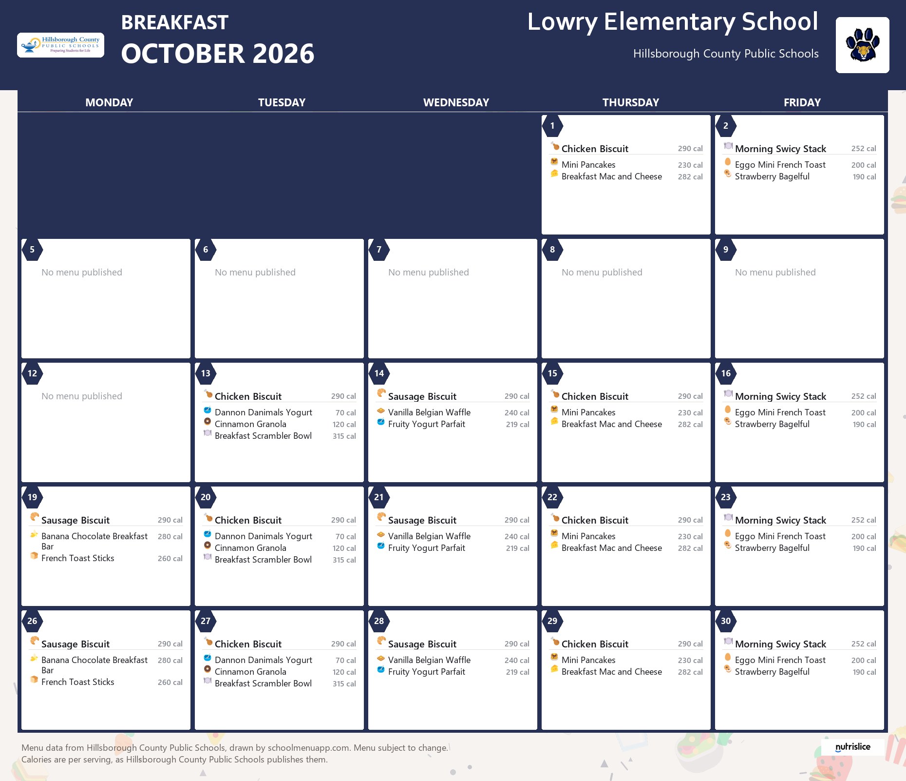Lowry Elementary School breakfast menu for October 2026 &mdash; Hillsborough County Public Schools