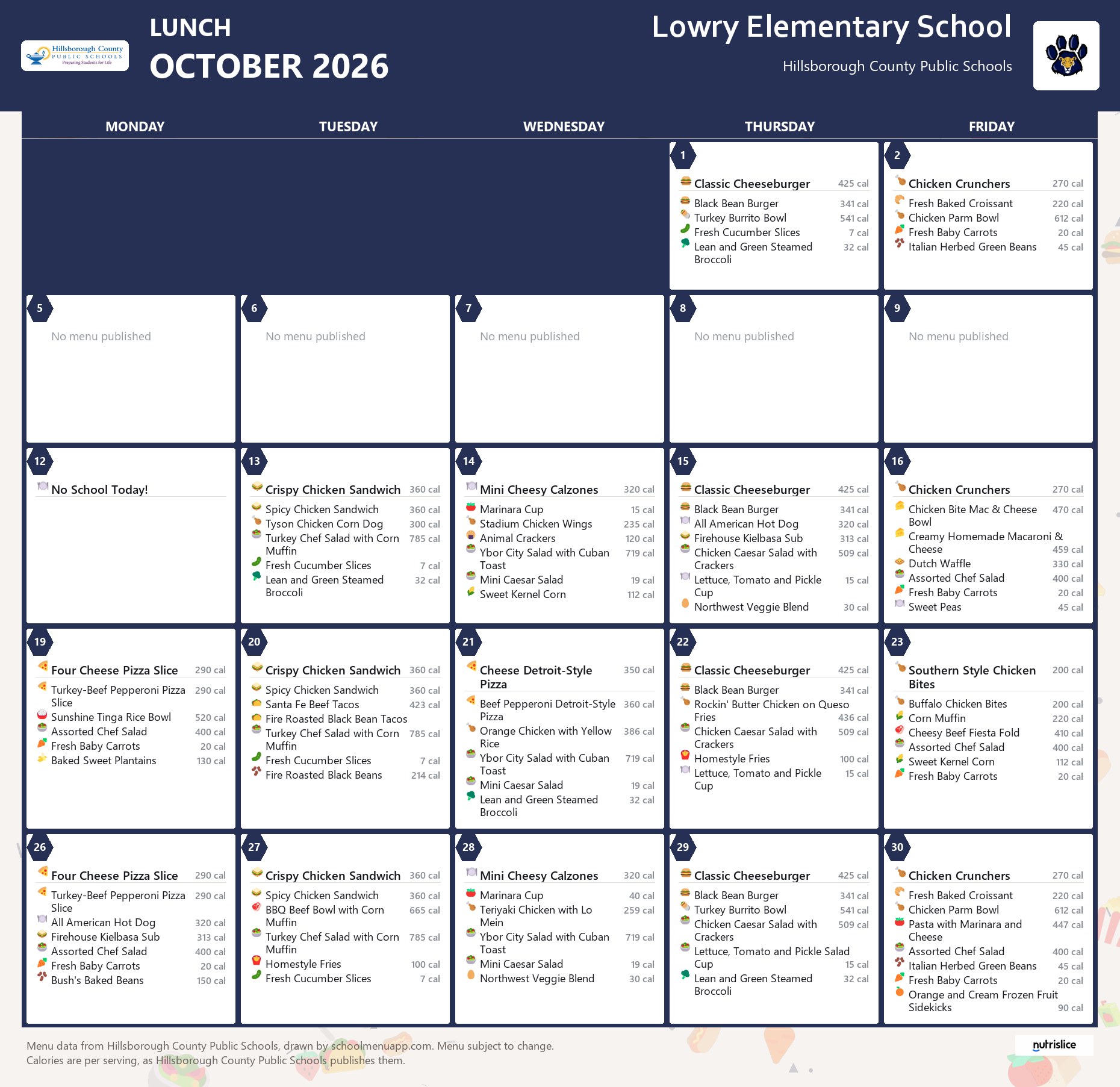 Lowry Elementary School lunch menu for October 2026 &mdash; Hillsborough County Public Schools