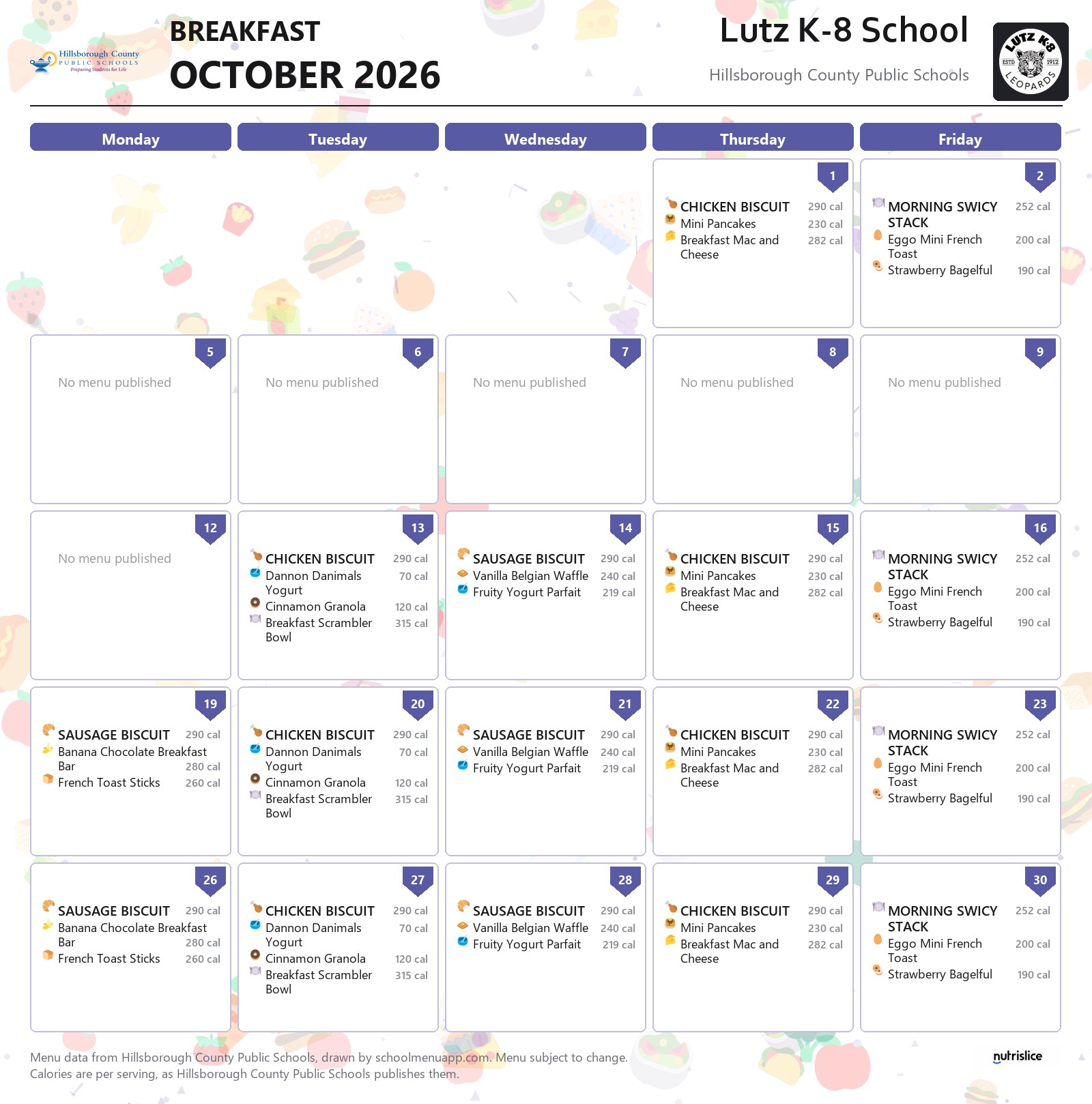 Lutz K-8 School breakfast menu for October 2026 &mdash; Hillsborough County Public Schools
