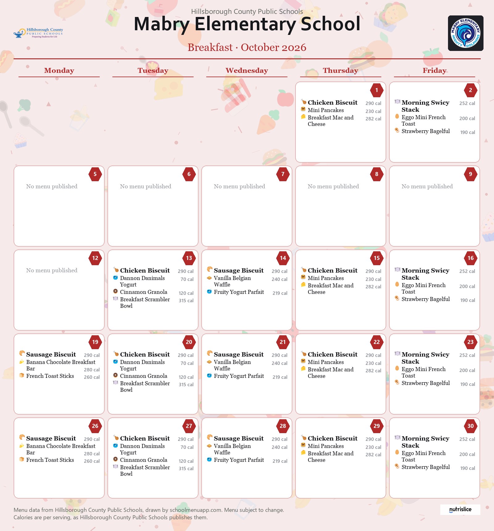 Mabry Elementary School breakfast menu for October 2026 &mdash; Hillsborough County Public Schools