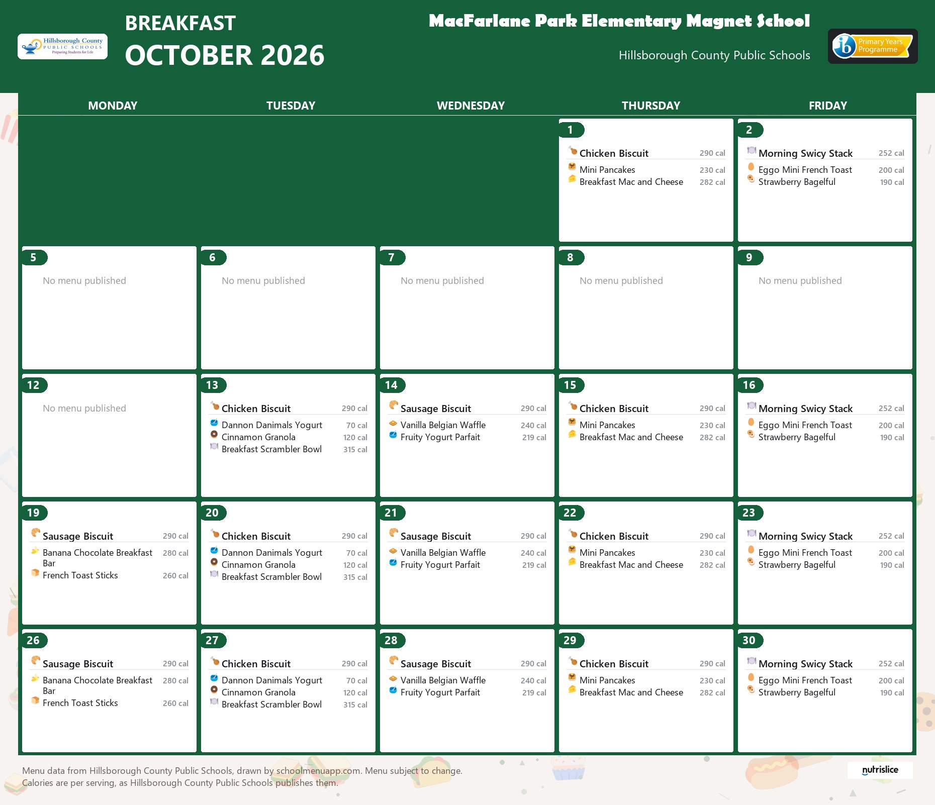 MacFarlane Park Elementary Magnet School breakfast menu for October 2026 &mdash; Hillsborough County Public Schools