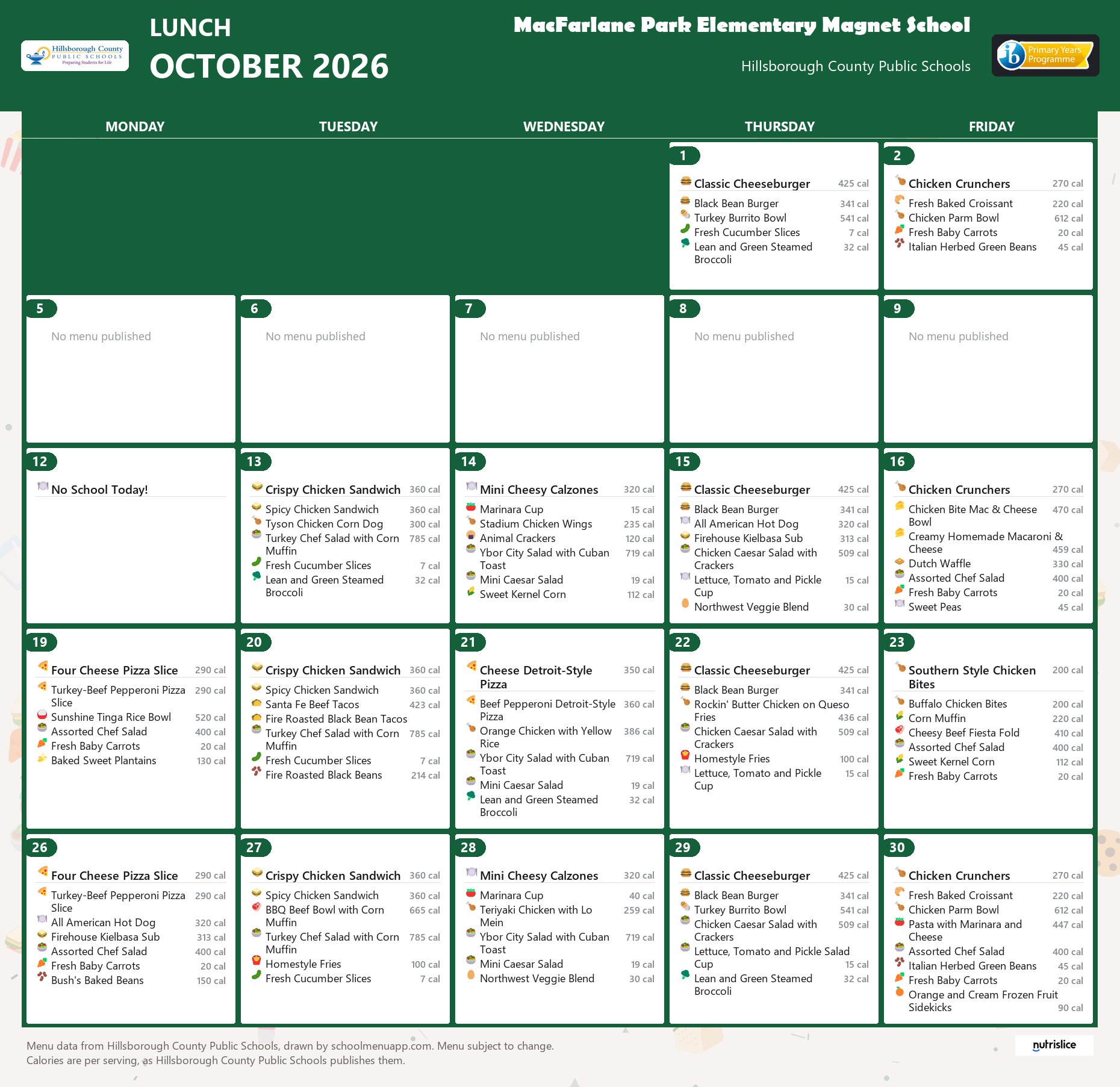 MacFarlane Park Elementary Magnet School lunch menu for October 2026 &mdash; Hillsborough County Public Schools