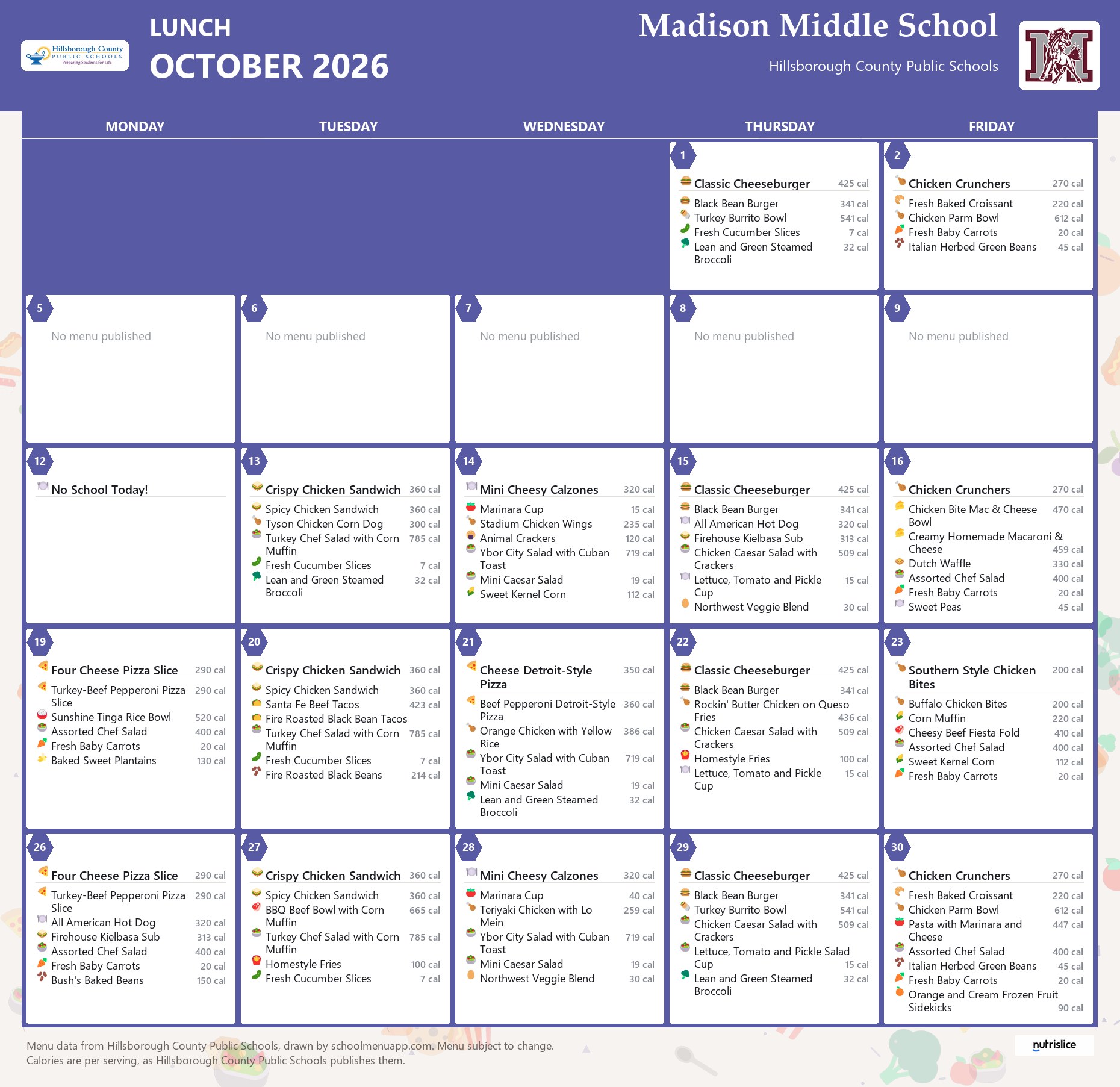 Madison Middle School lunch menu for October 2026 &mdash; Hillsborough County Public Schools