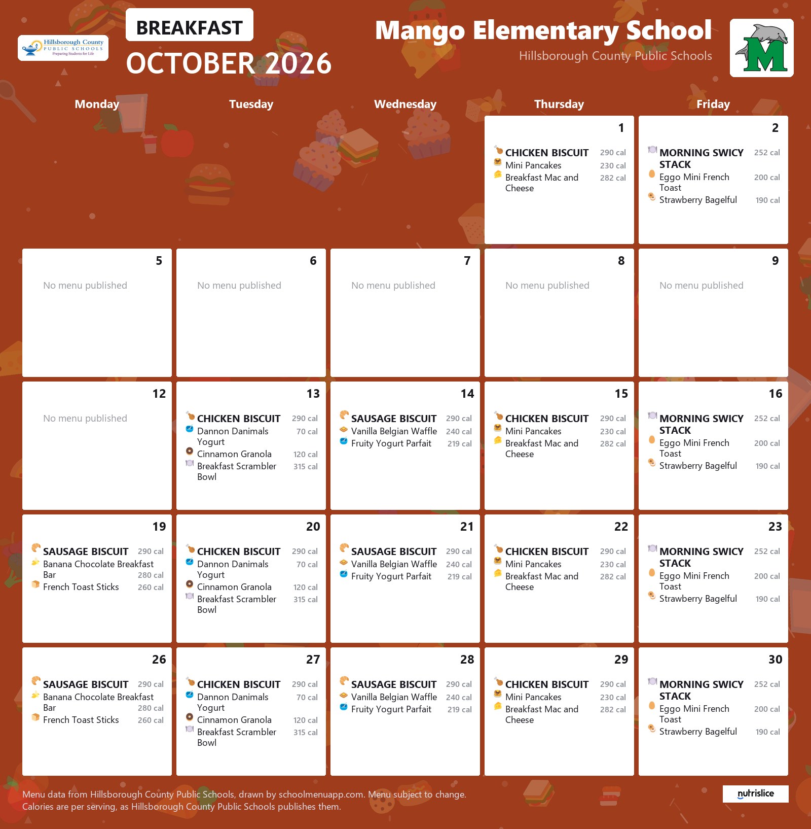 Mango Elementary School breakfast menu for October 2026 &mdash; Hillsborough County Public Schools