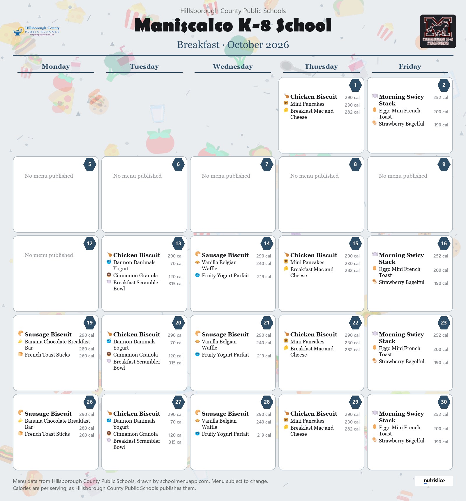 Maniscalco K-8 School breakfast menu for October 2026 &mdash; Hillsborough County Public Schools