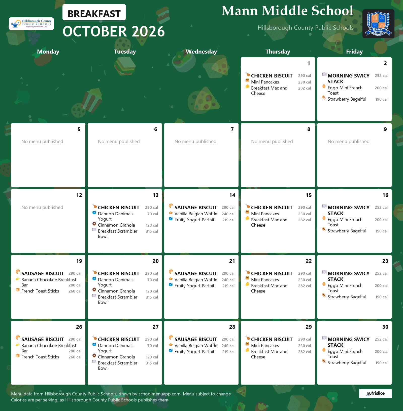 Mann Middle School breakfast menu for October 2026 &mdash; Hillsborough County Public Schools