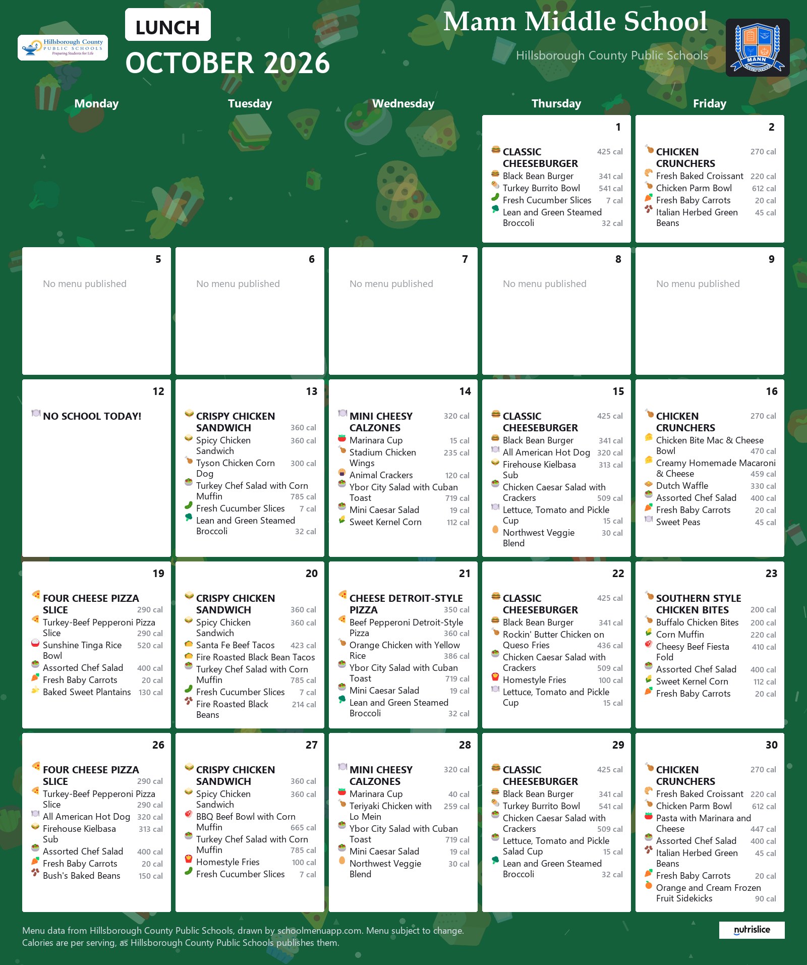 Mann Middle School lunch menu for October 2026 &mdash; Hillsborough County Public Schools