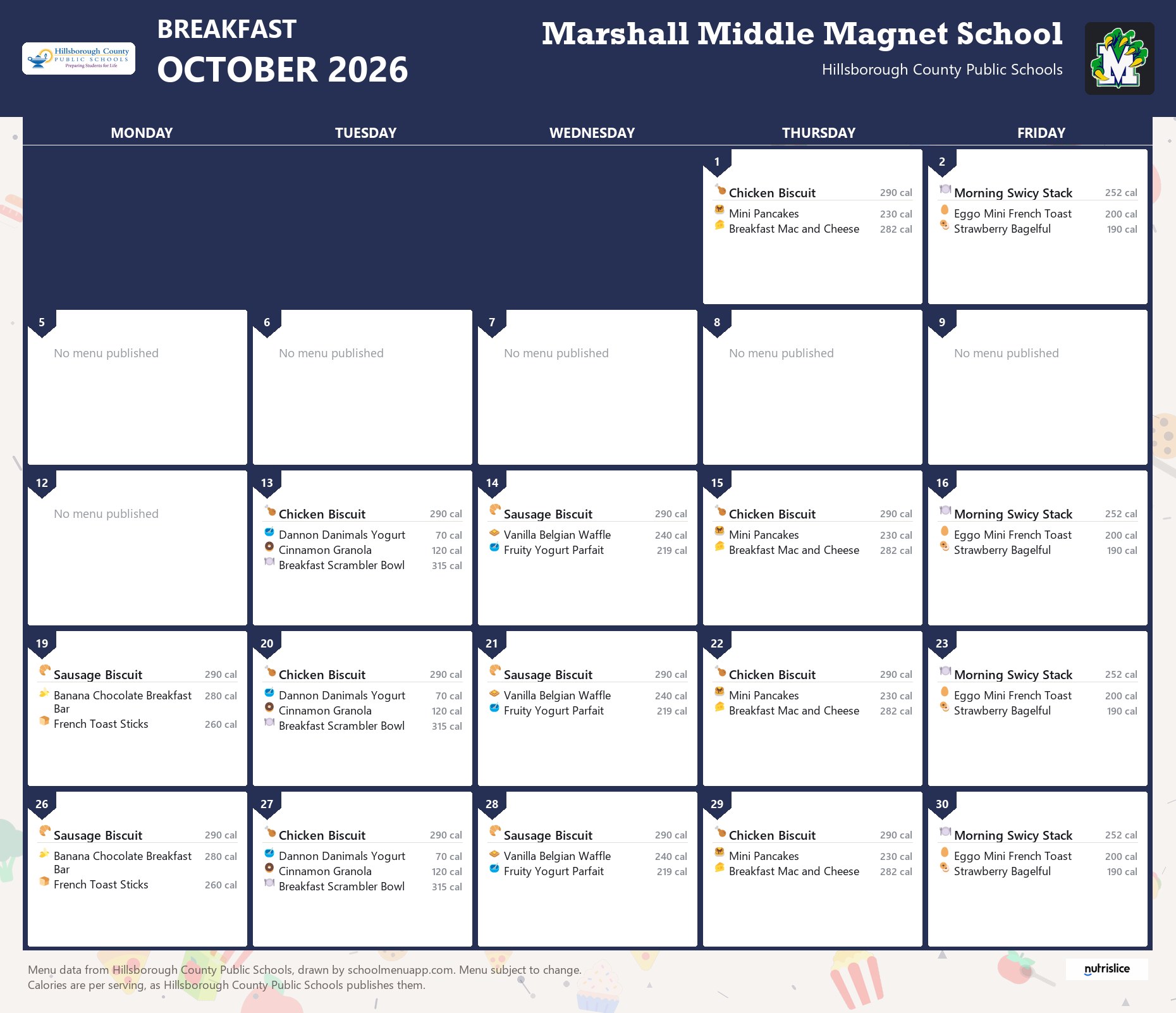 Marshall Middle Magnet School breakfast menu for October 2026 &mdash; Hillsborough County Public Schools