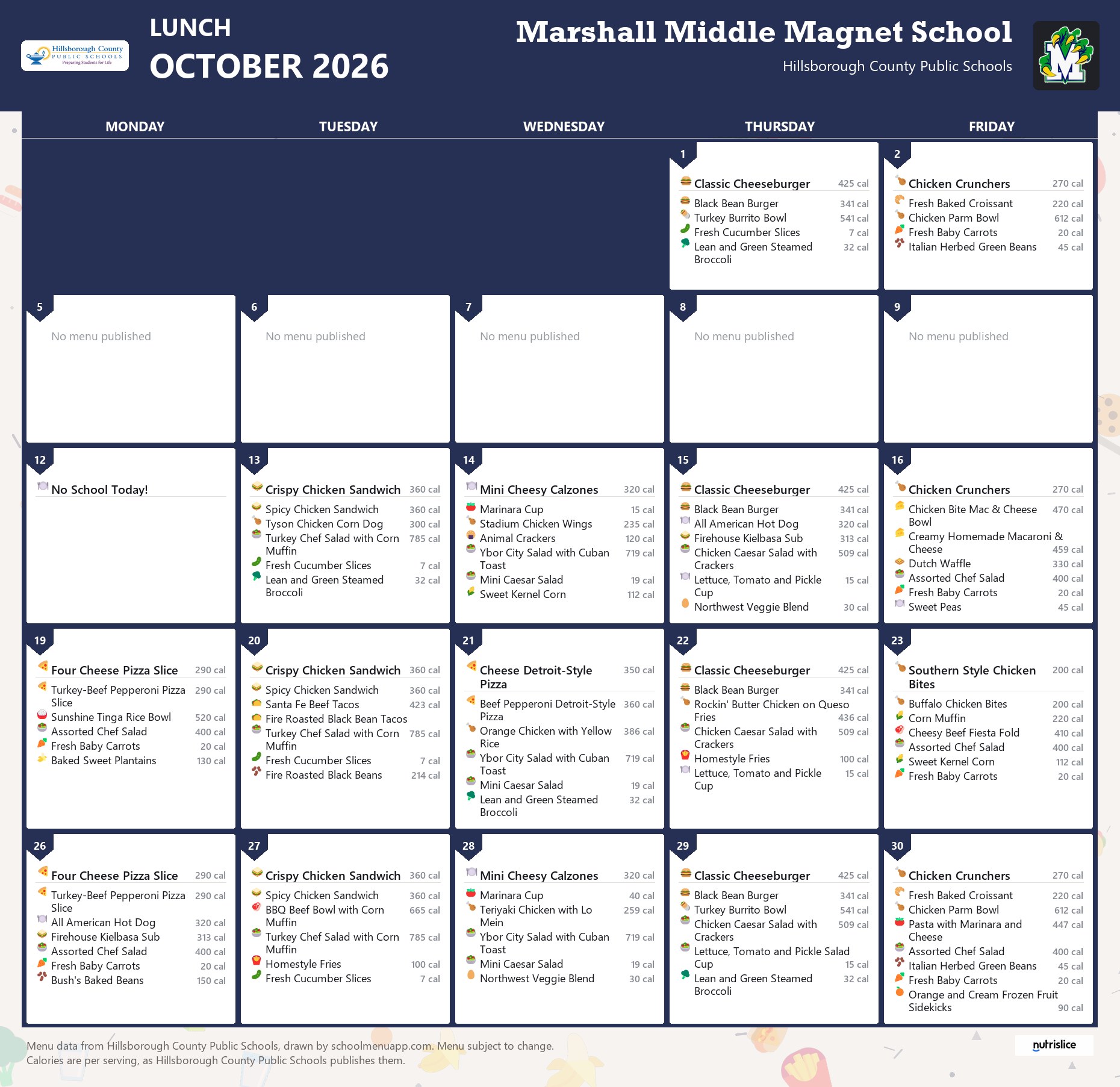 Marshall Middle Magnet School lunch menu for October 2026 &mdash; Hillsborough County Public Schools