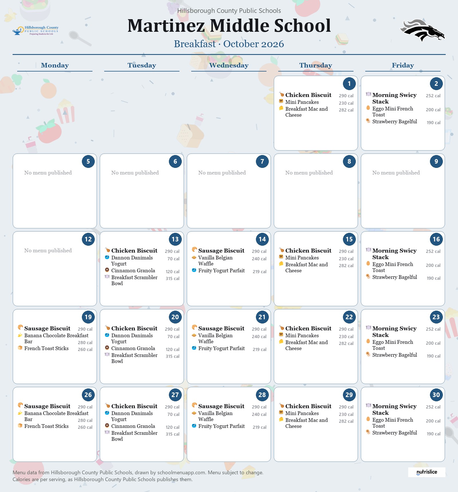 Martinez Middle School breakfast menu for October 2026 &mdash; Hillsborough County Public Schools