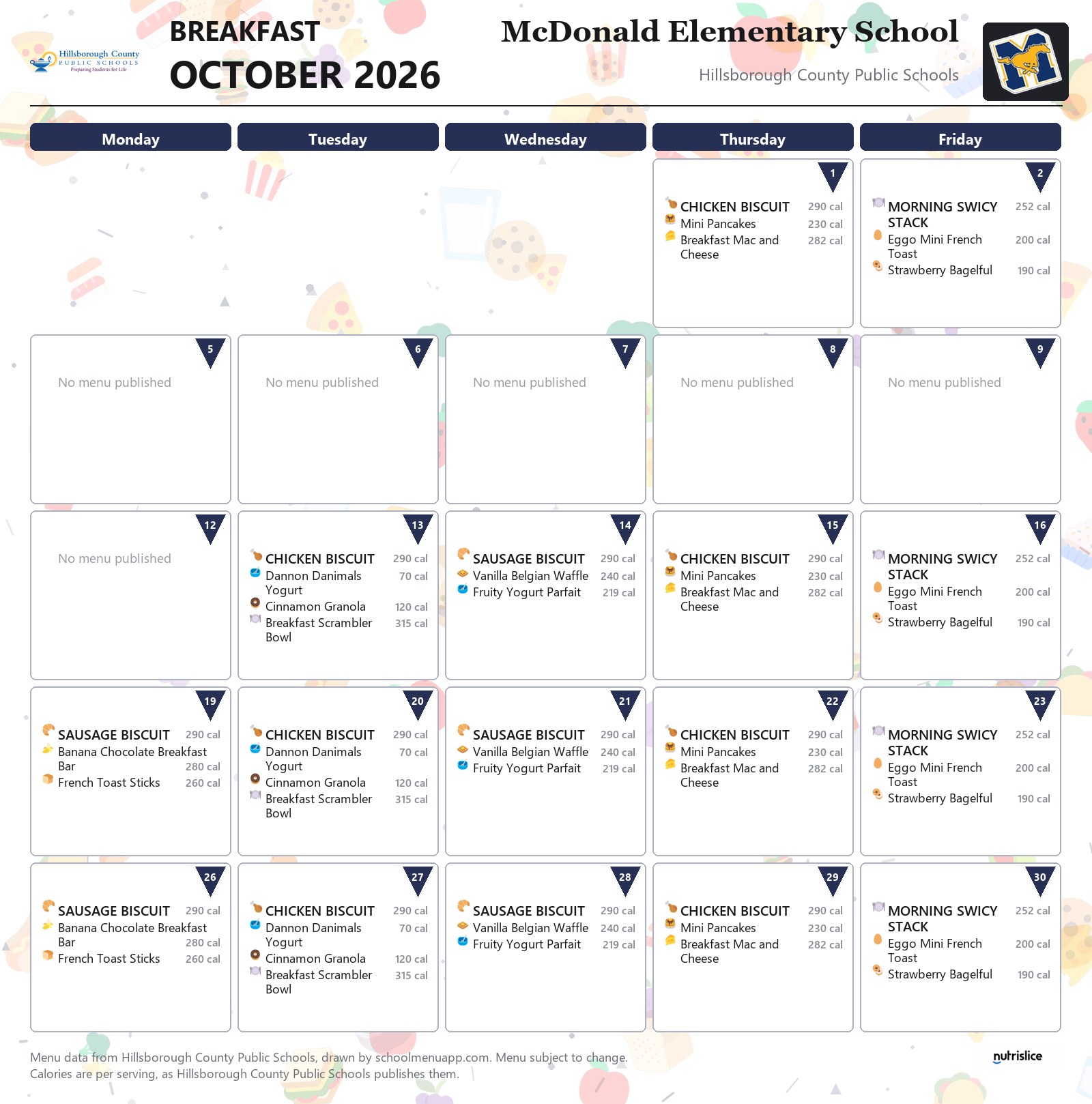 McDonald Elementary School breakfast menu for October 2026 &mdash; Hillsborough County Public Schools