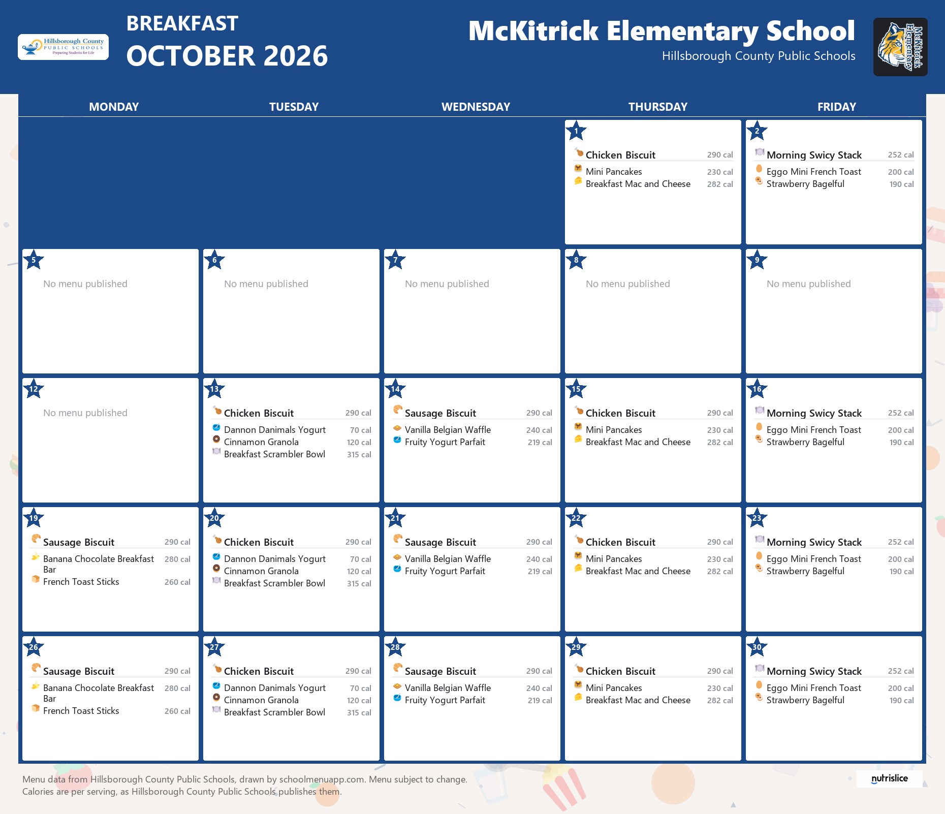 McKitrick Elementary School breakfast menu for October 2026 &mdash; Hillsborough County Public Schools