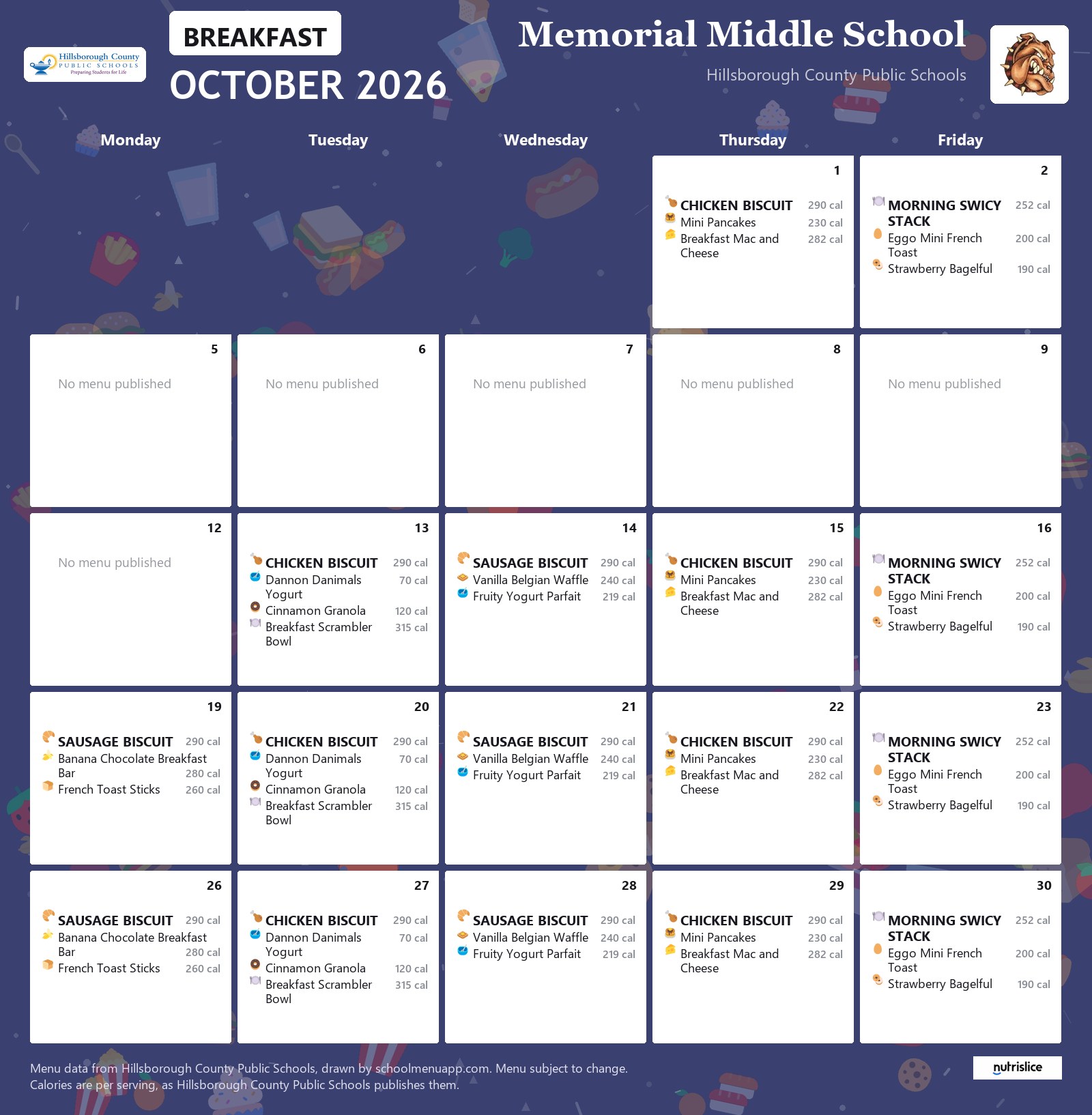 Memorial Middle School breakfast menu for October 2026 &mdash; Hillsborough County Public Schools