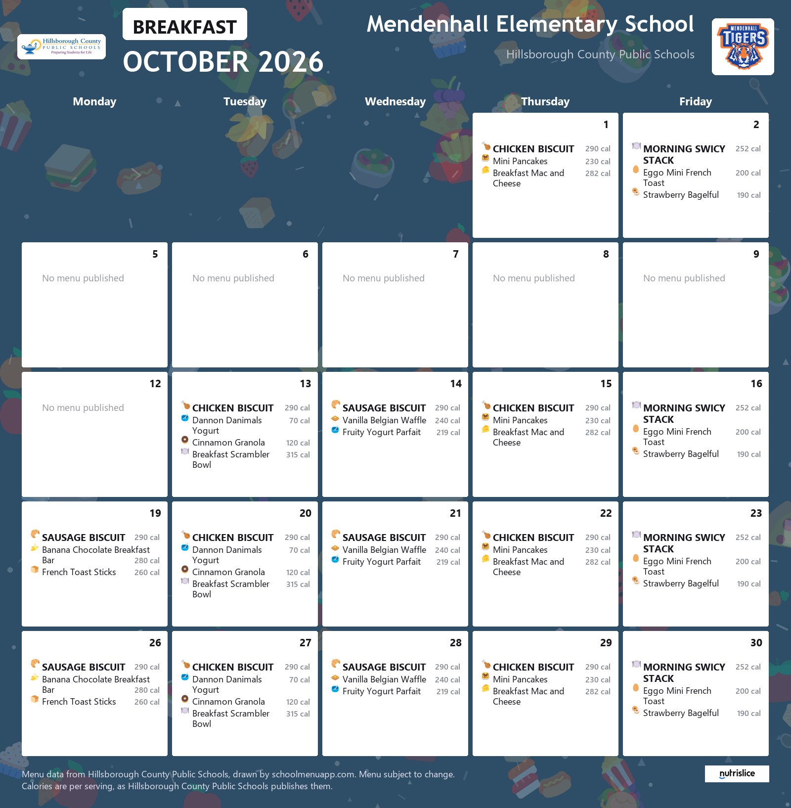 Mendenhall Elementary School breakfast menu for October 2026 &mdash; Hillsborough County Public Schools
