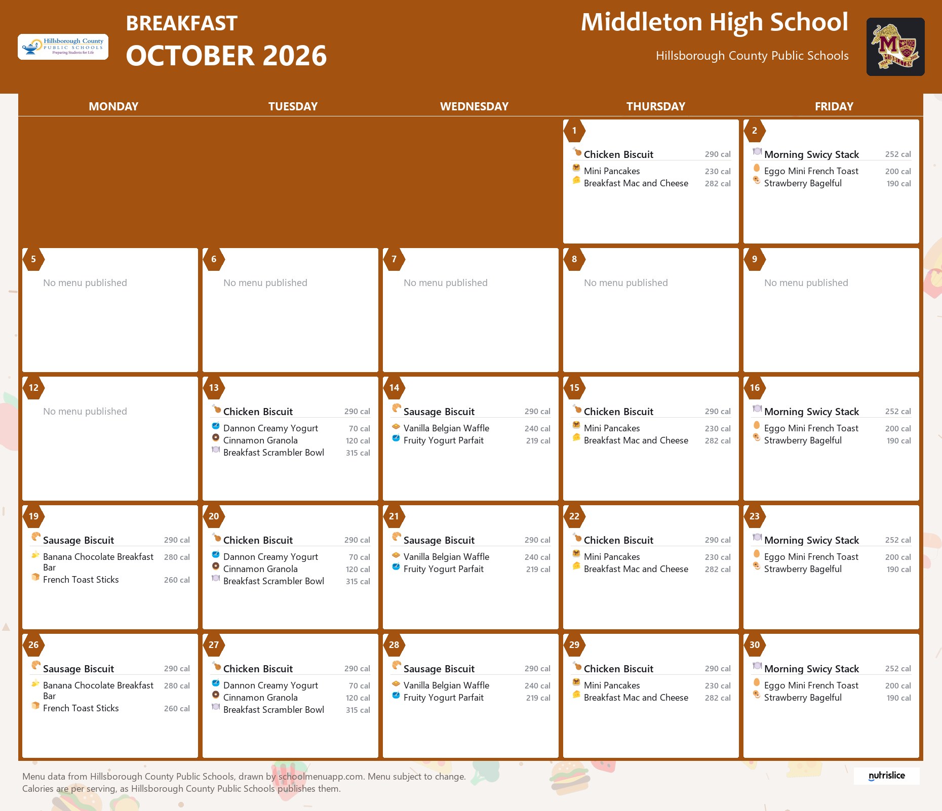 Middleton High School breakfast menu for October 2026 &mdash; Hillsborough County Public Schools