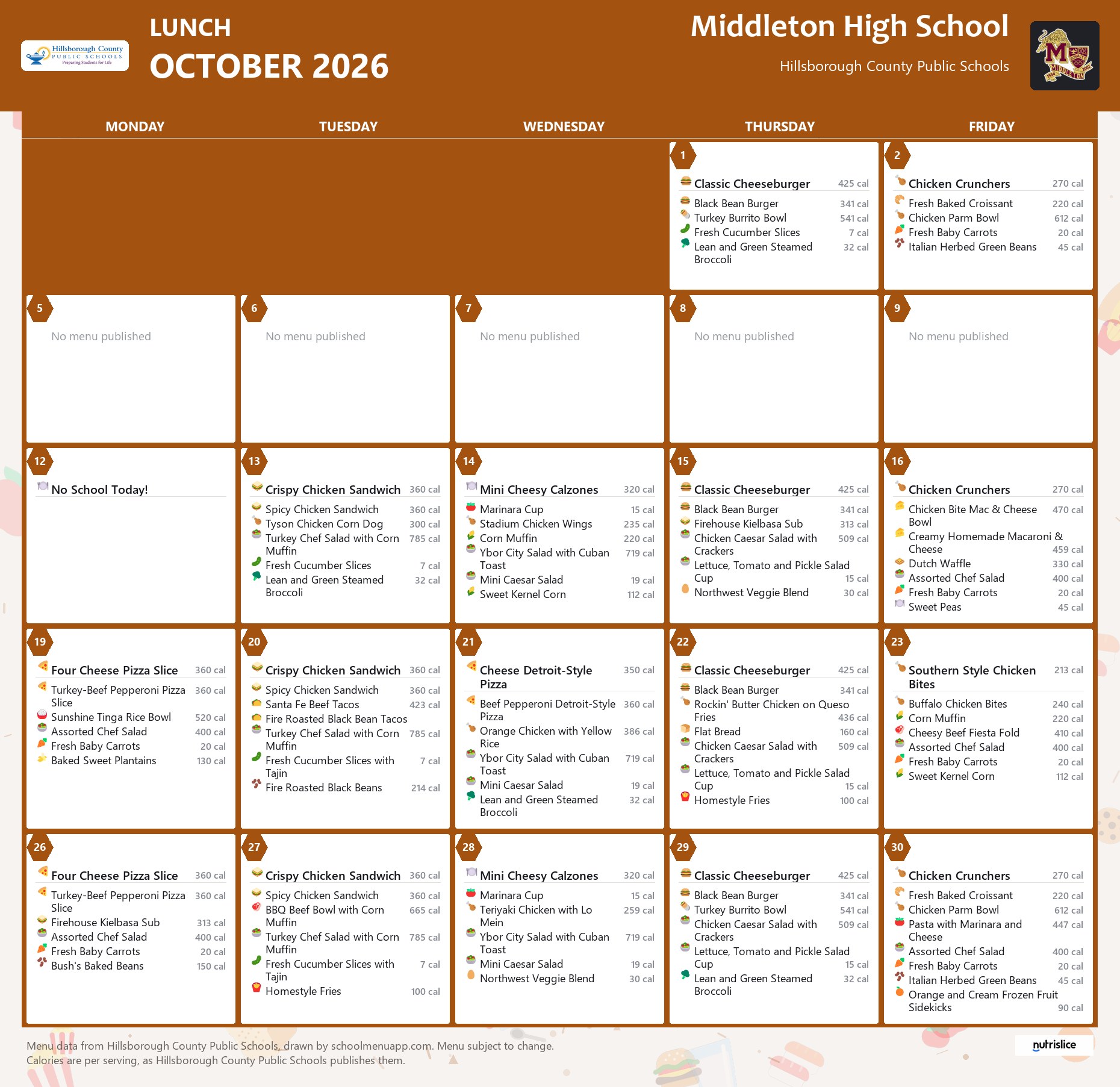 Middleton High School lunch menu for October 2026 &mdash; Hillsborough County Public Schools