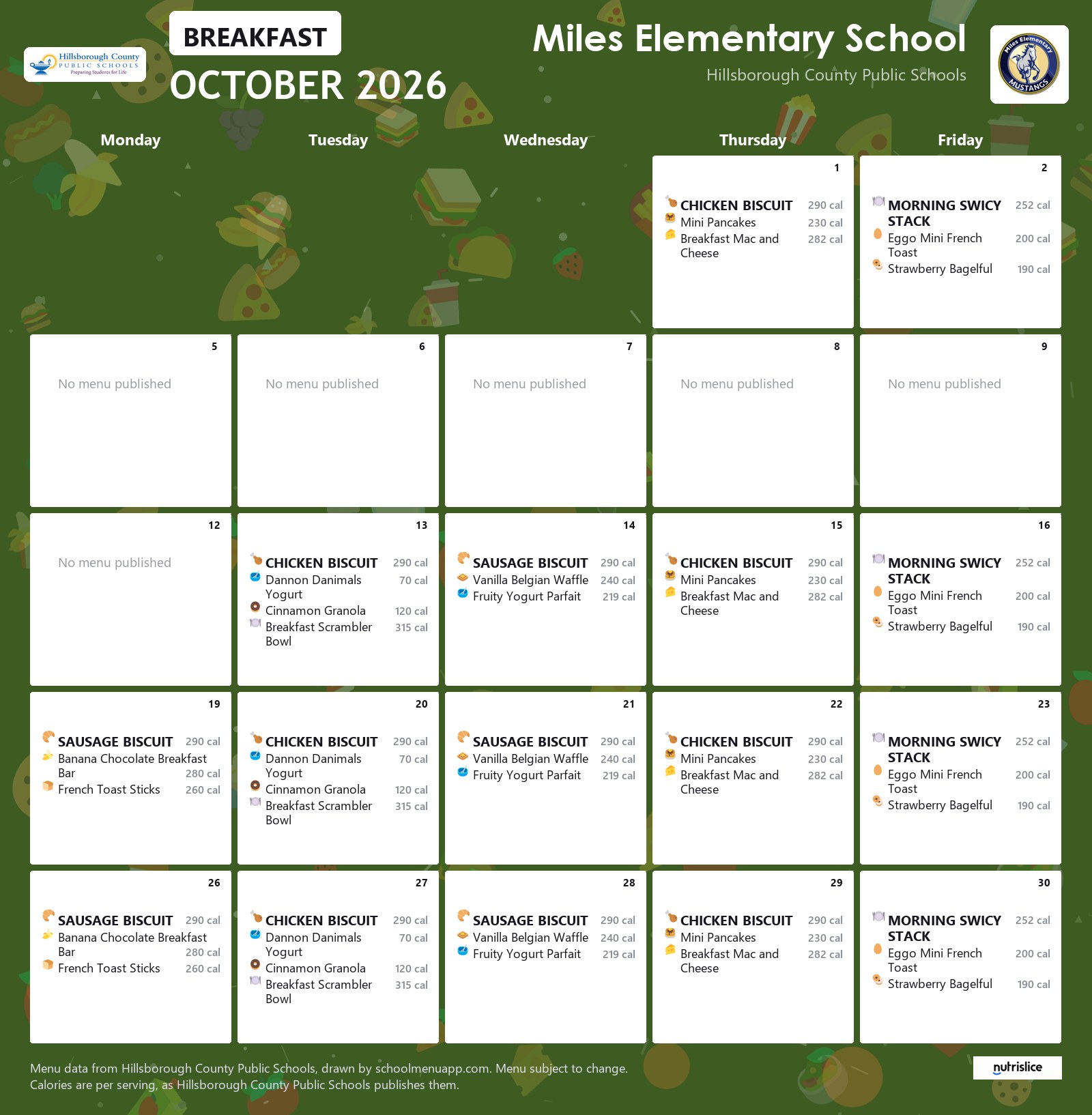 Miles Elementary School breakfast menu for October 2026 &mdash; Hillsborough County Public Schools