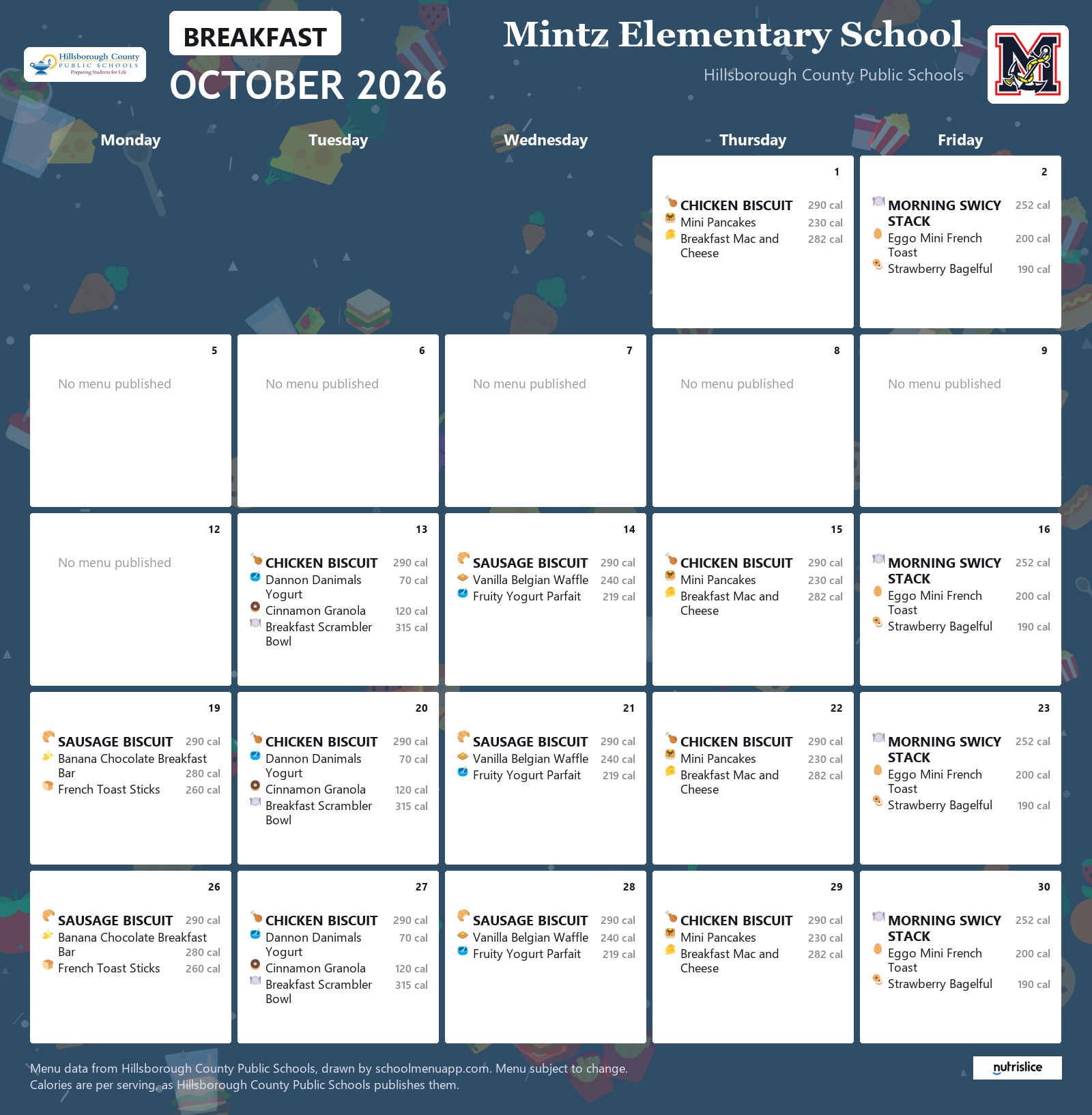 Mintz Elementary School breakfast menu for October 2026 &mdash; Hillsborough County Public Schools