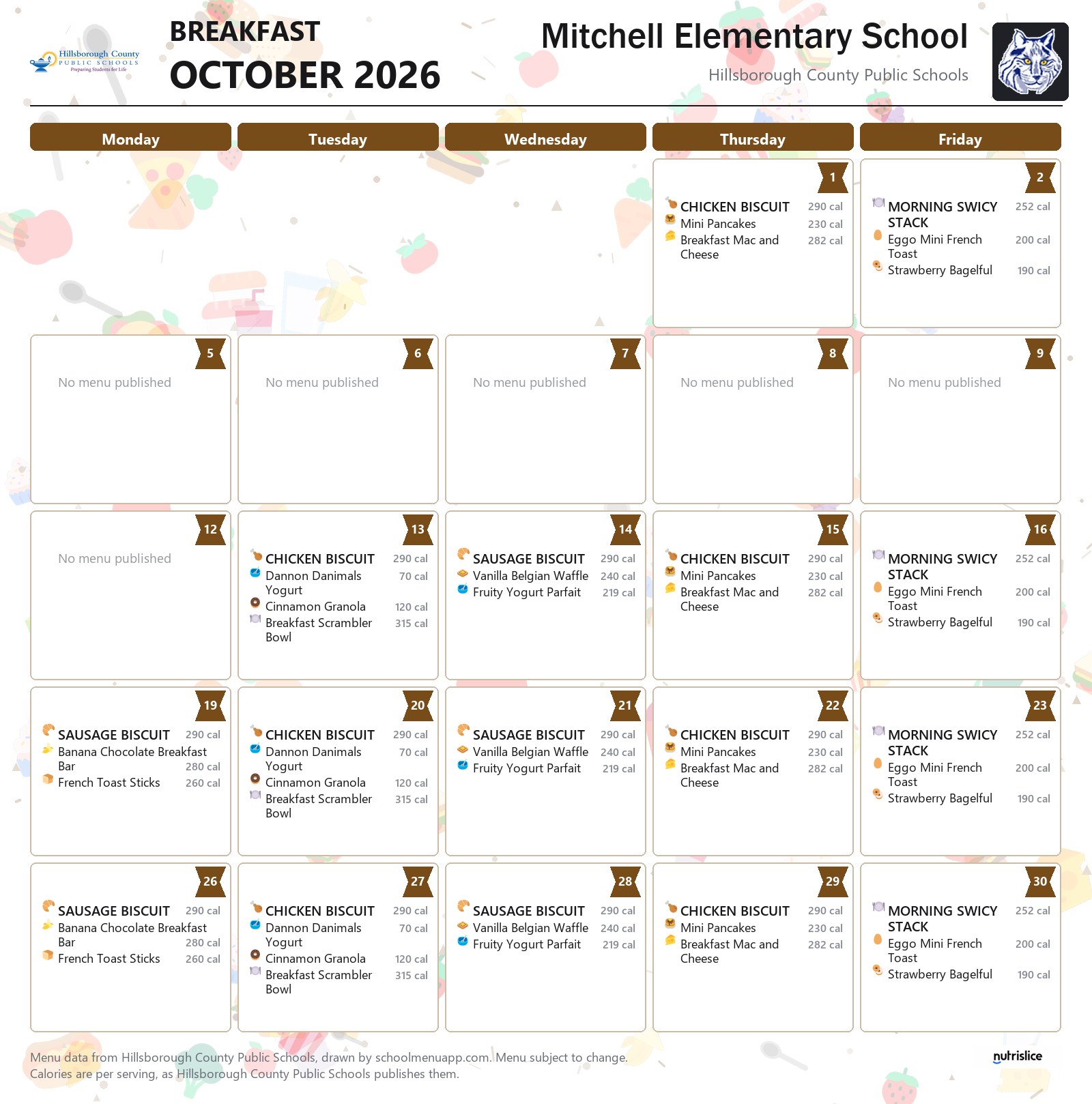 Mitchell Elementary School breakfast menu for October 2026 &mdash; Hillsborough County Public Schools