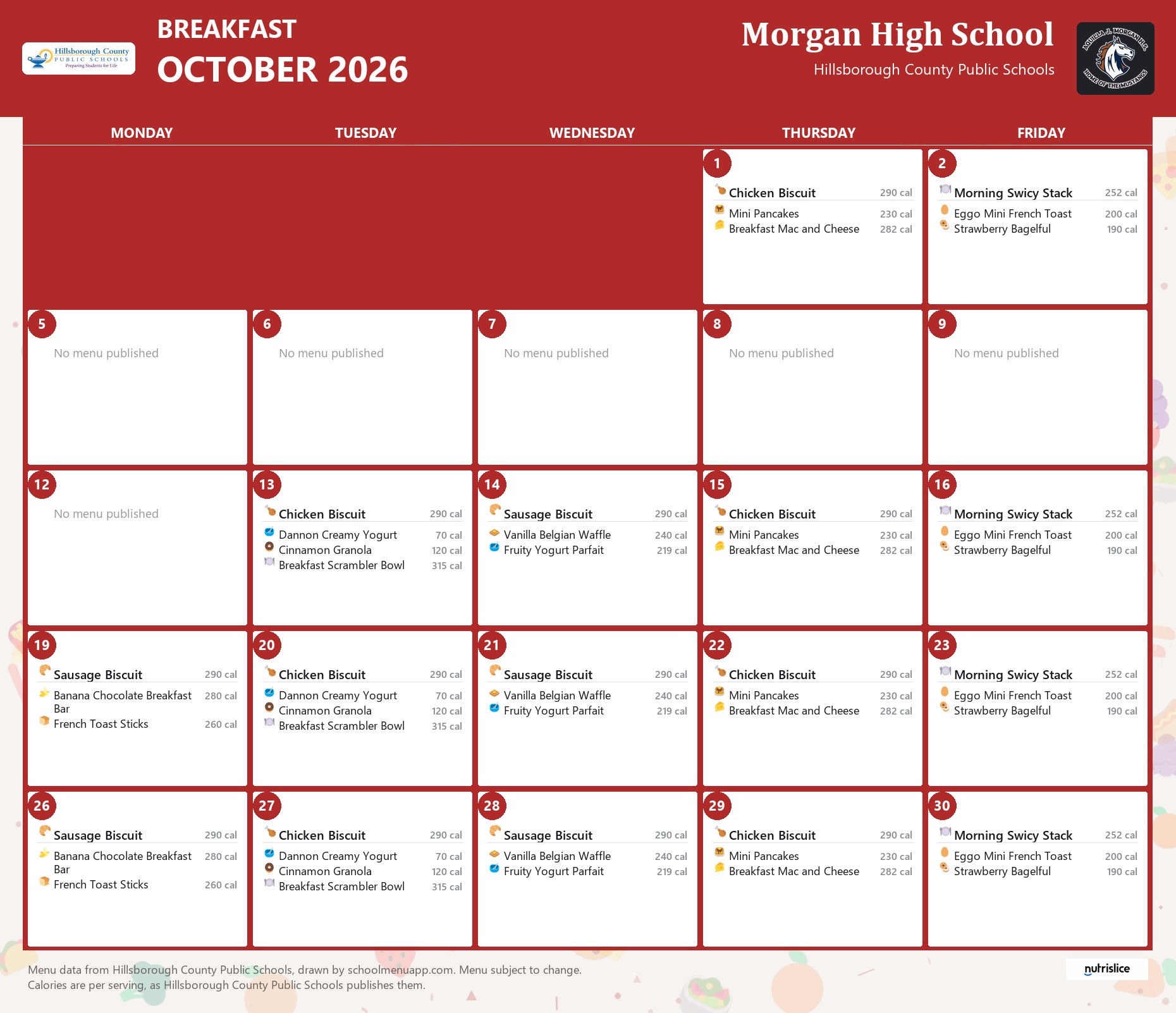 Morgan High School breakfast menu for October 2026 &mdash; Hillsborough County Public Schools