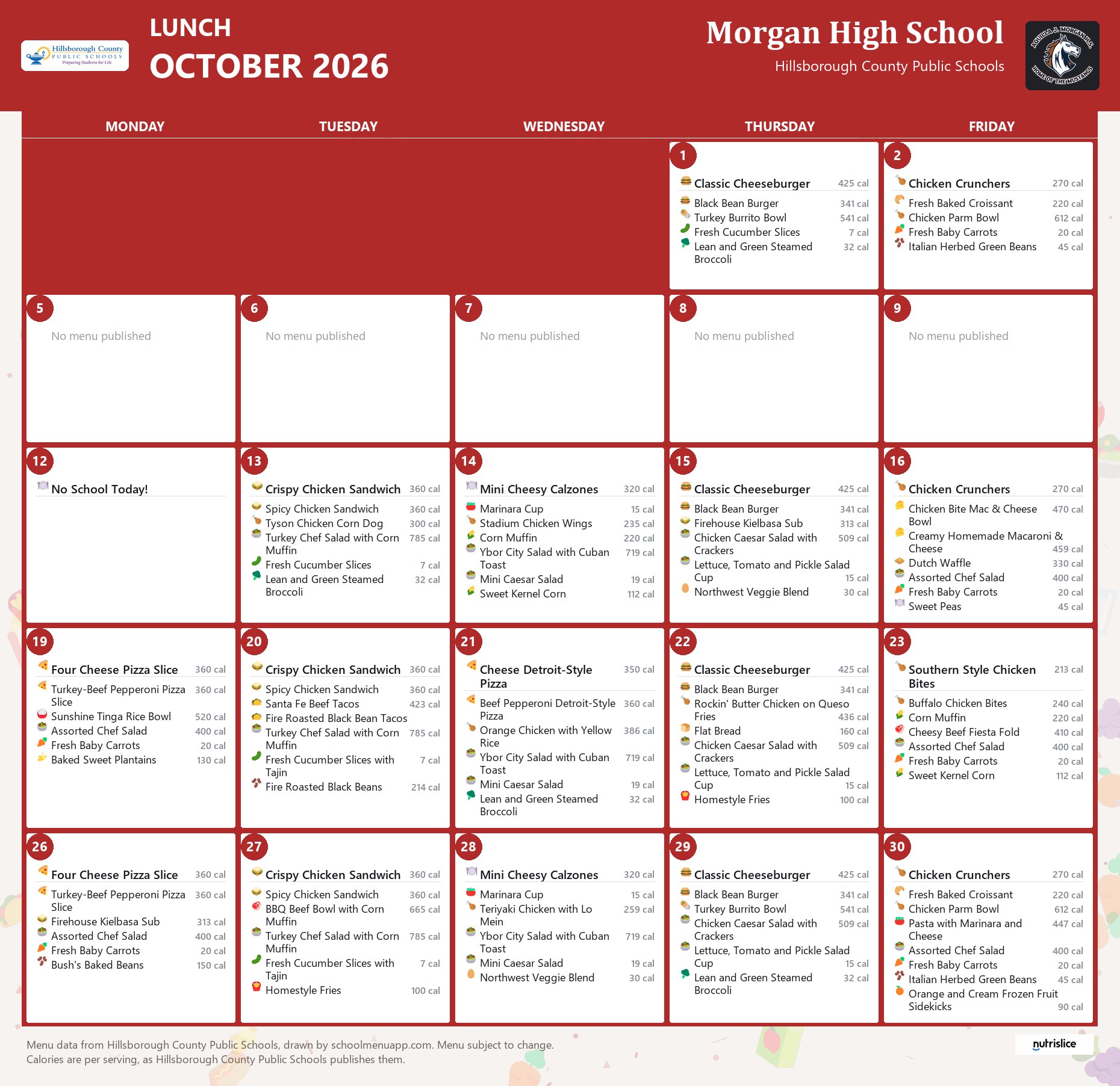 Morgan High School lunch menu for October 2026 &mdash; Hillsborough County Public Schools