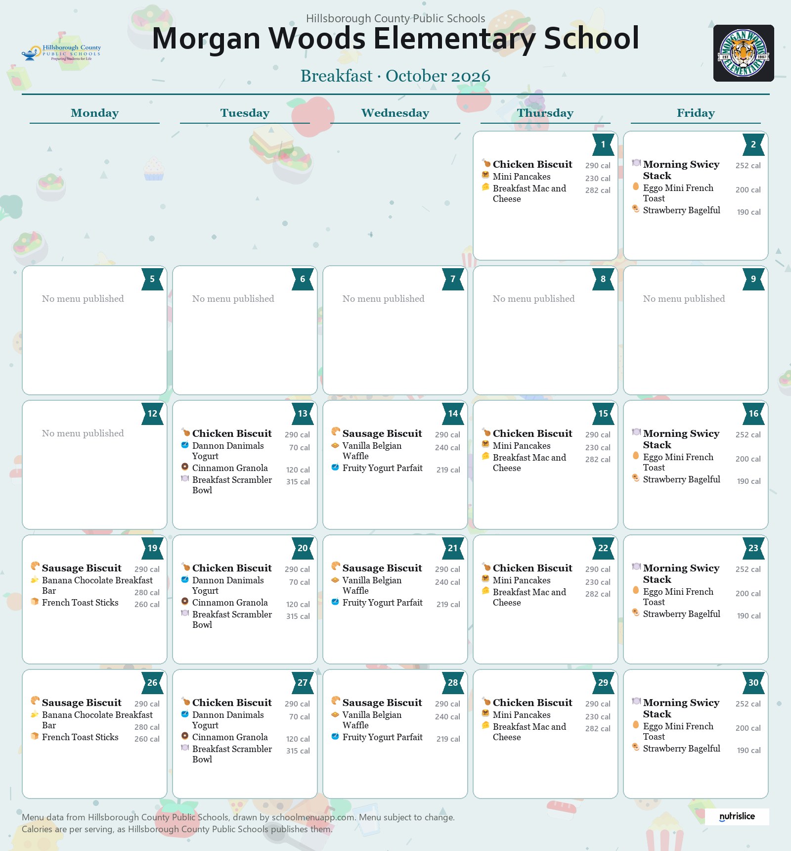 Morgan Woods Elementary School breakfast menu for October 2026 &mdash; Hillsborough County Public Schools