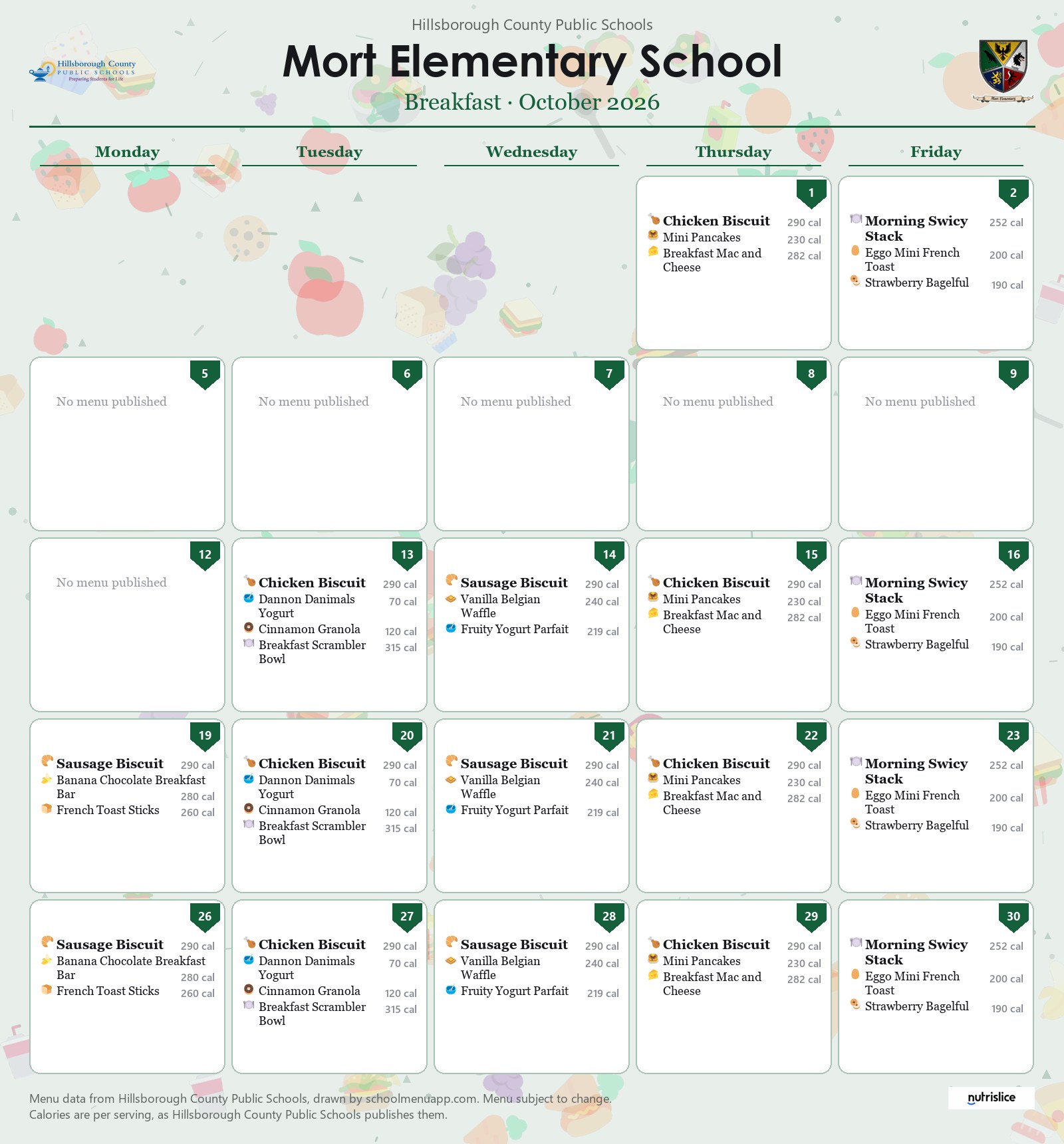 Mort Elementary School breakfast menu for October 2026 &mdash; Hillsborough County Public Schools