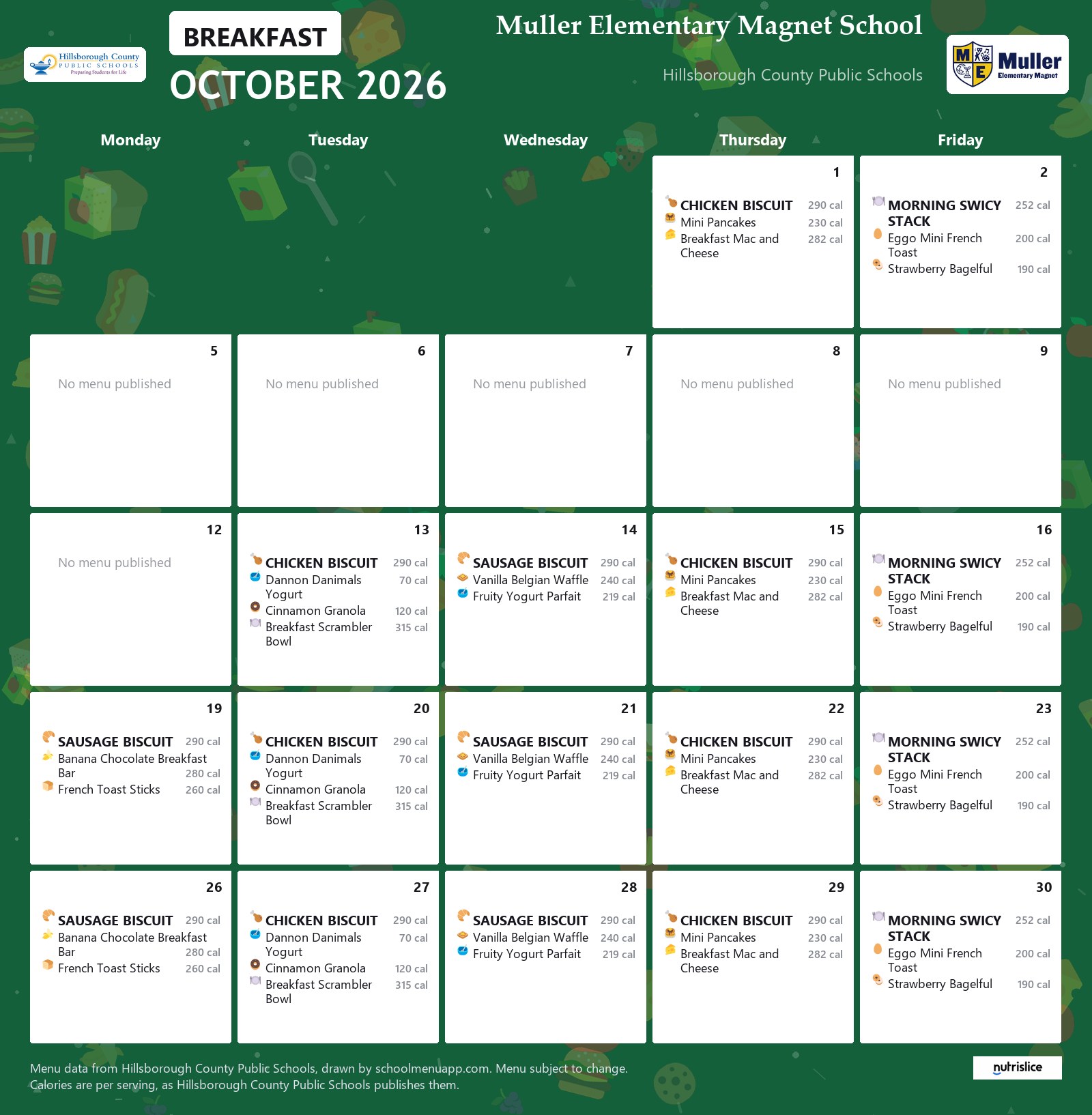 Muller Elementary Magnet School breakfast menu for October 2026 &mdash; Hillsborough County Public Schools
