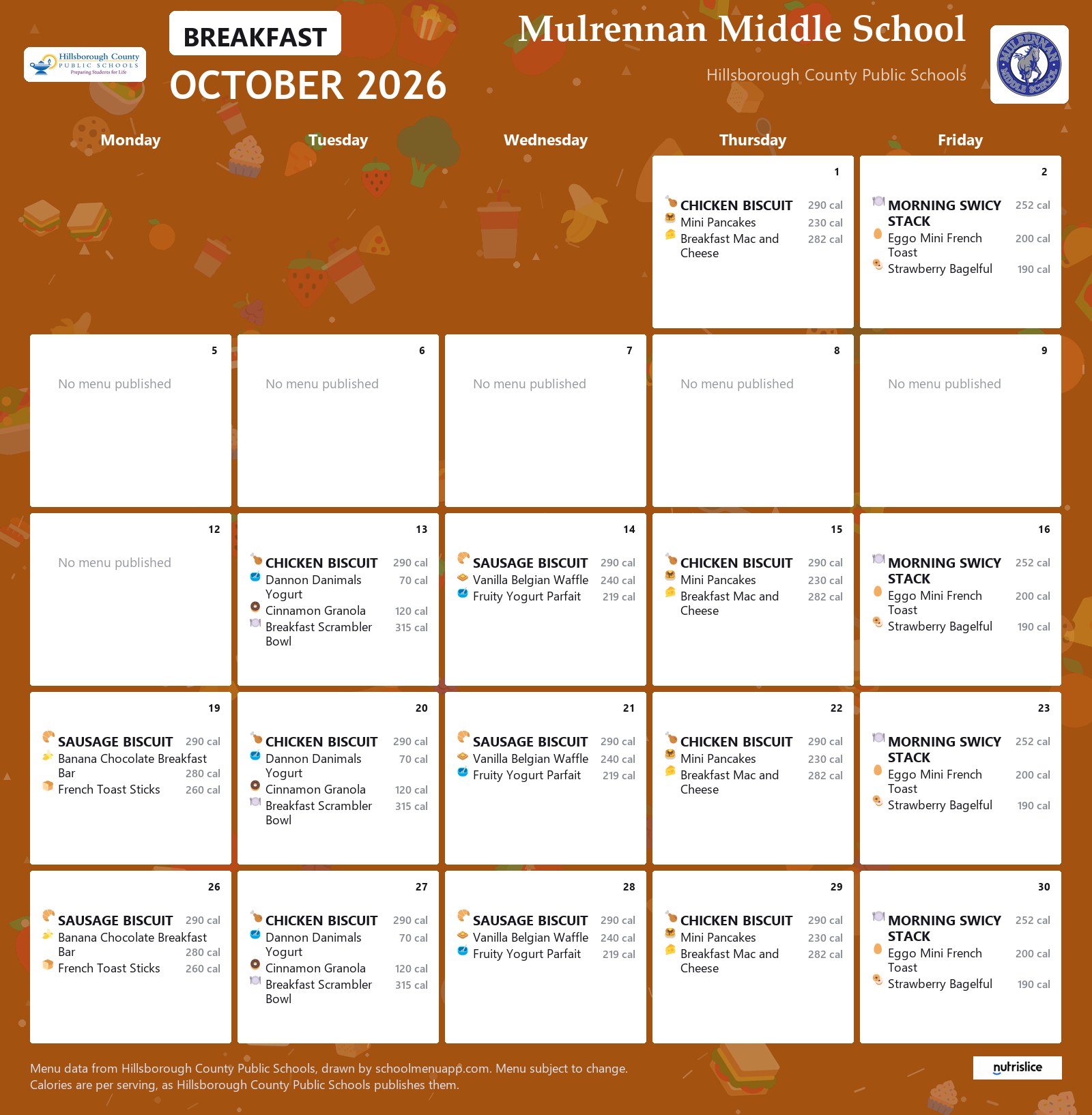 Mulrennan Middle School breakfast menu for October 2026 &mdash; Hillsborough County Public Schools