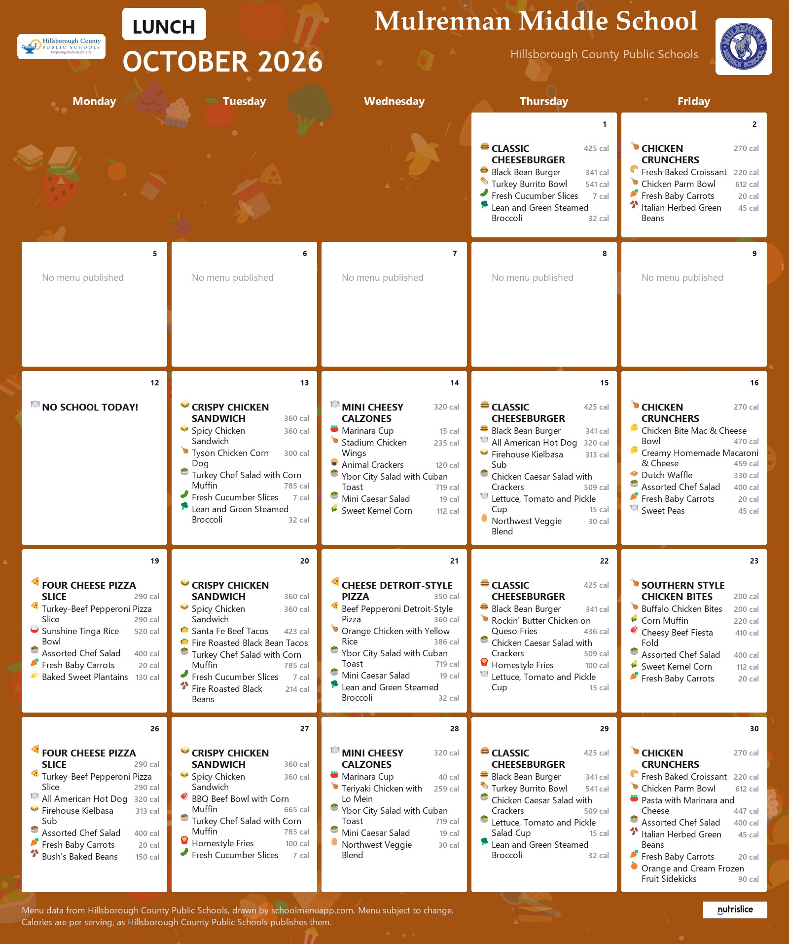 Mulrennan Middle School lunch menu for October 2026 &mdash; Hillsborough County Public Schools