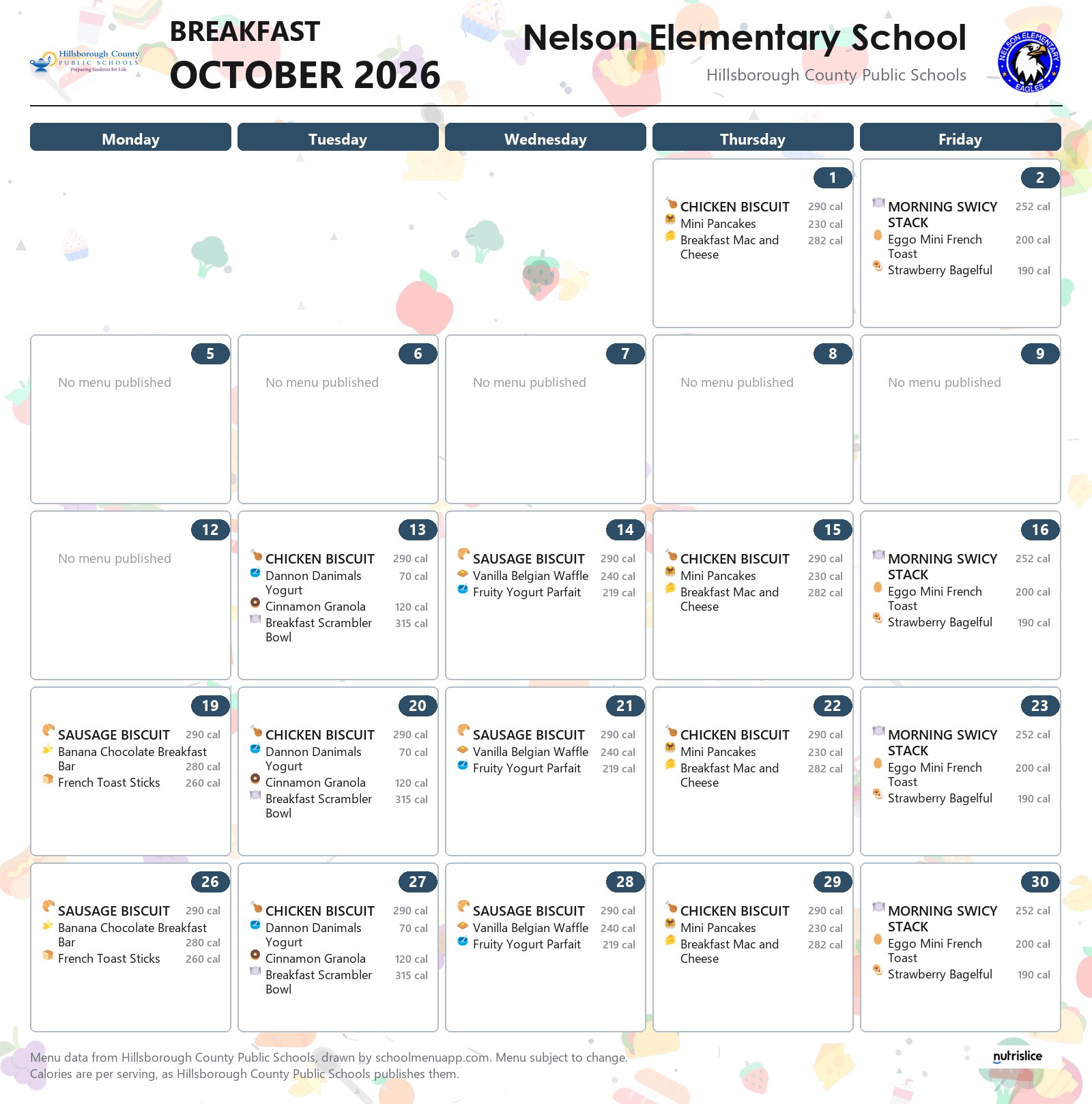 Nelson Elementary School breakfast menu for October 2026 &mdash; Hillsborough County Public Schools