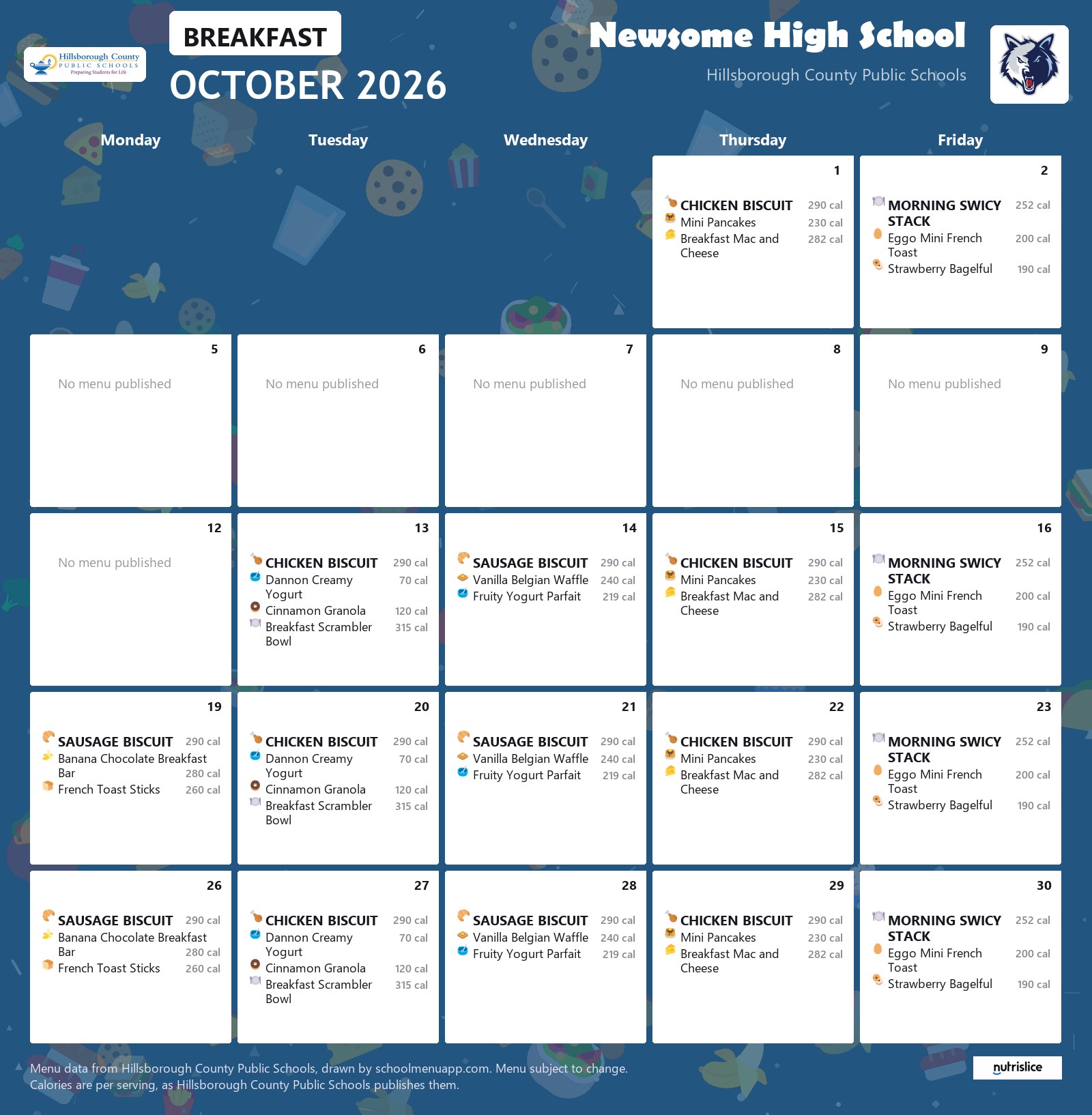 Newsome High School breakfast menu for October 2026 &mdash; Hillsborough County Public Schools