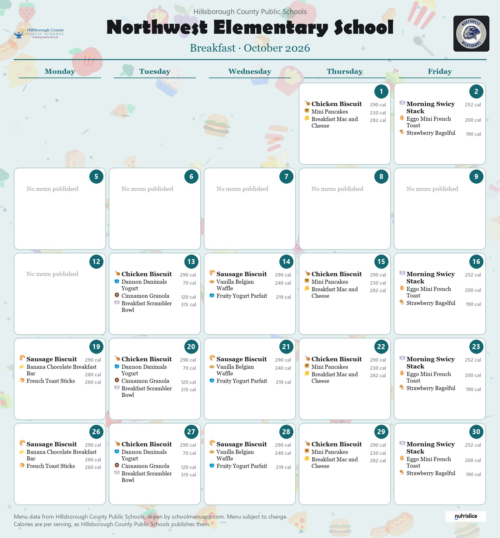 Northwest Elementary School breakfast menu for October 2026 &mdash; Hillsborough County Public Schools