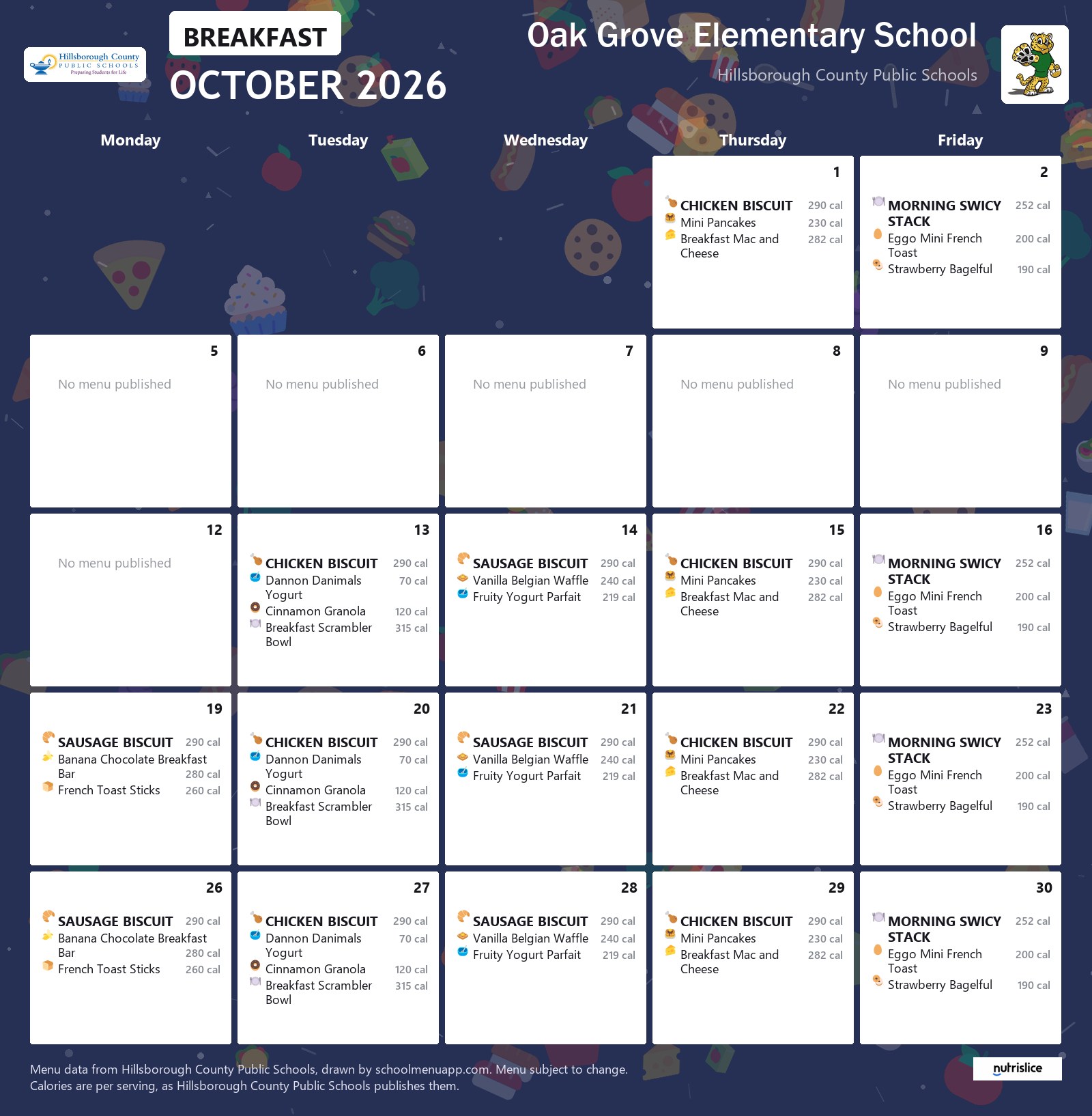 Oak Grove Elementary School breakfast menu for October 2026 &mdash; Hillsborough County Public Schools