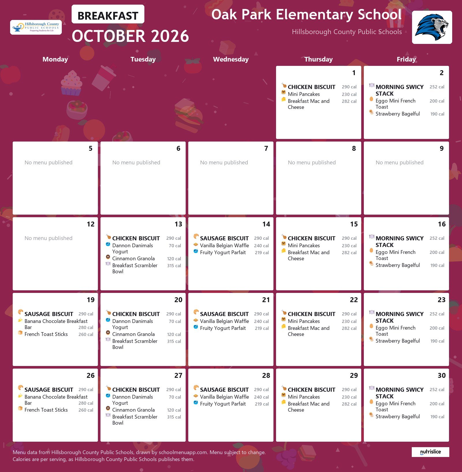 Oak Park Elementary School breakfast menu for October 2026 &mdash; Hillsborough County Public Schools