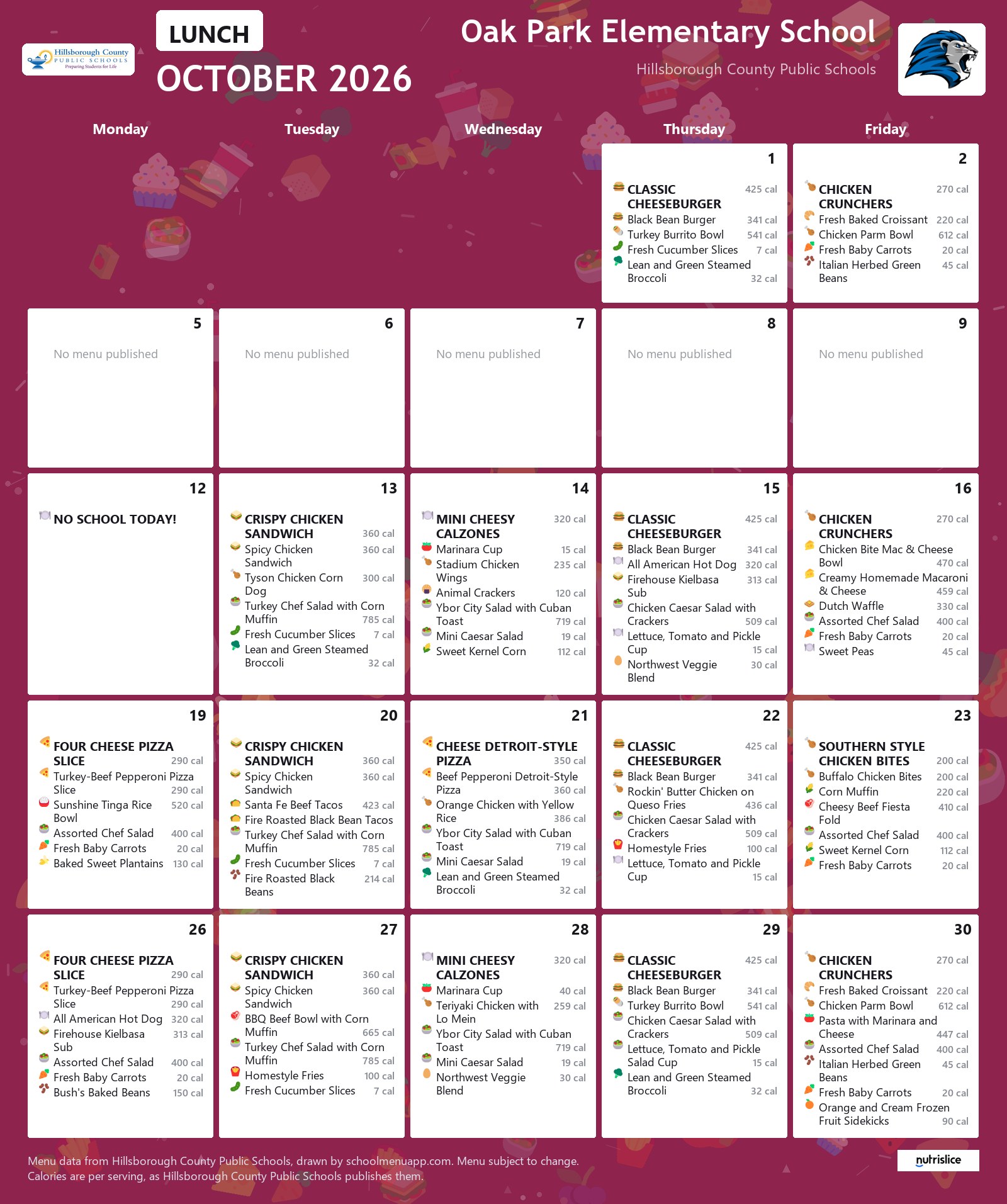 Oak Park Elementary School lunch menu for October 2026 &mdash; Hillsborough County Public Schools