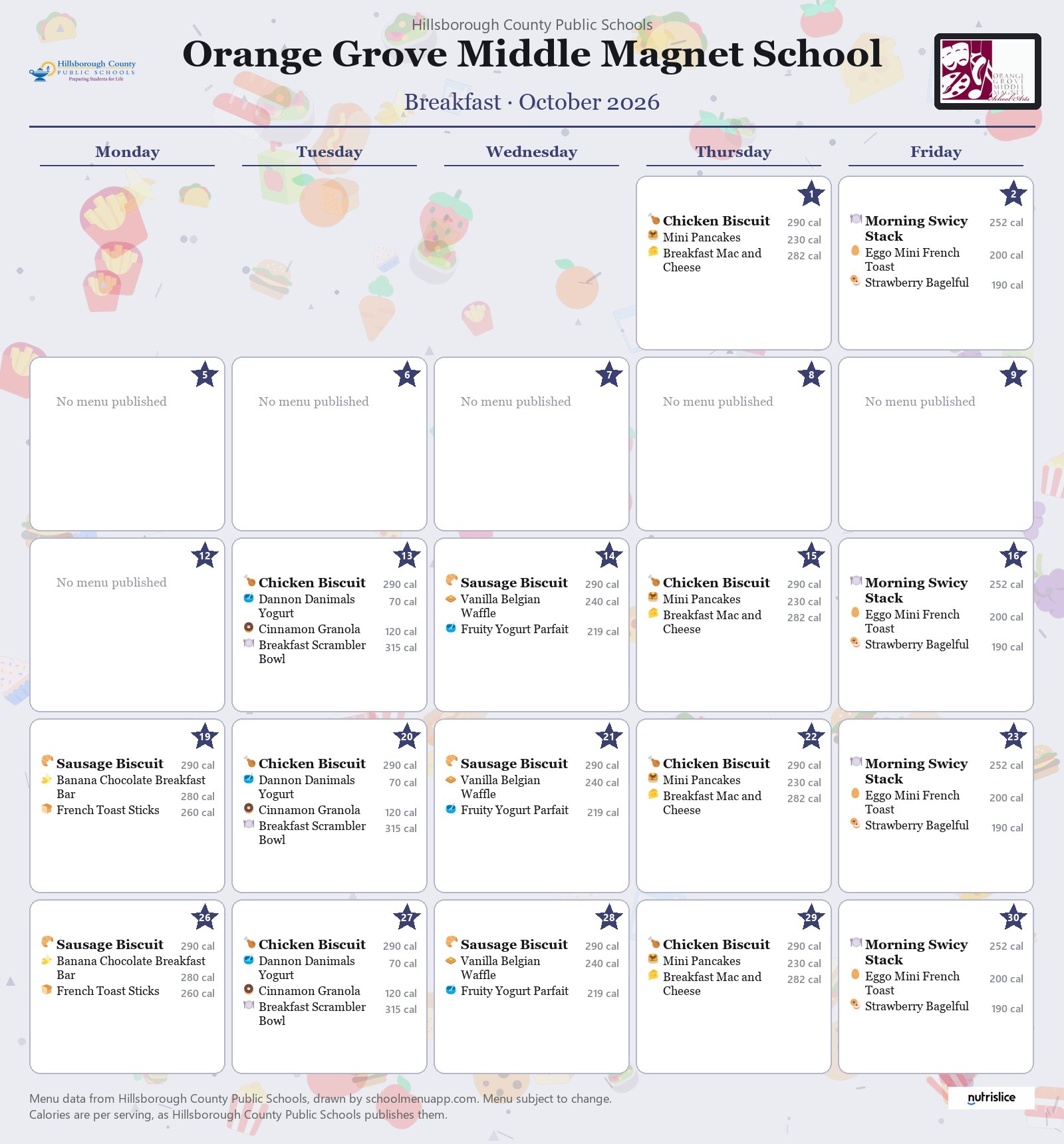 Orange Grove Middle Magnet School breakfast menu for October 2026 &mdash; Hillsborough County Public Schools